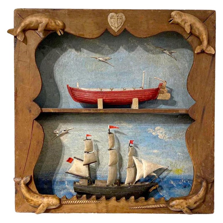 Carved and Painted Double Diorama of a Whaleship and Whaleboat by Frank Finney