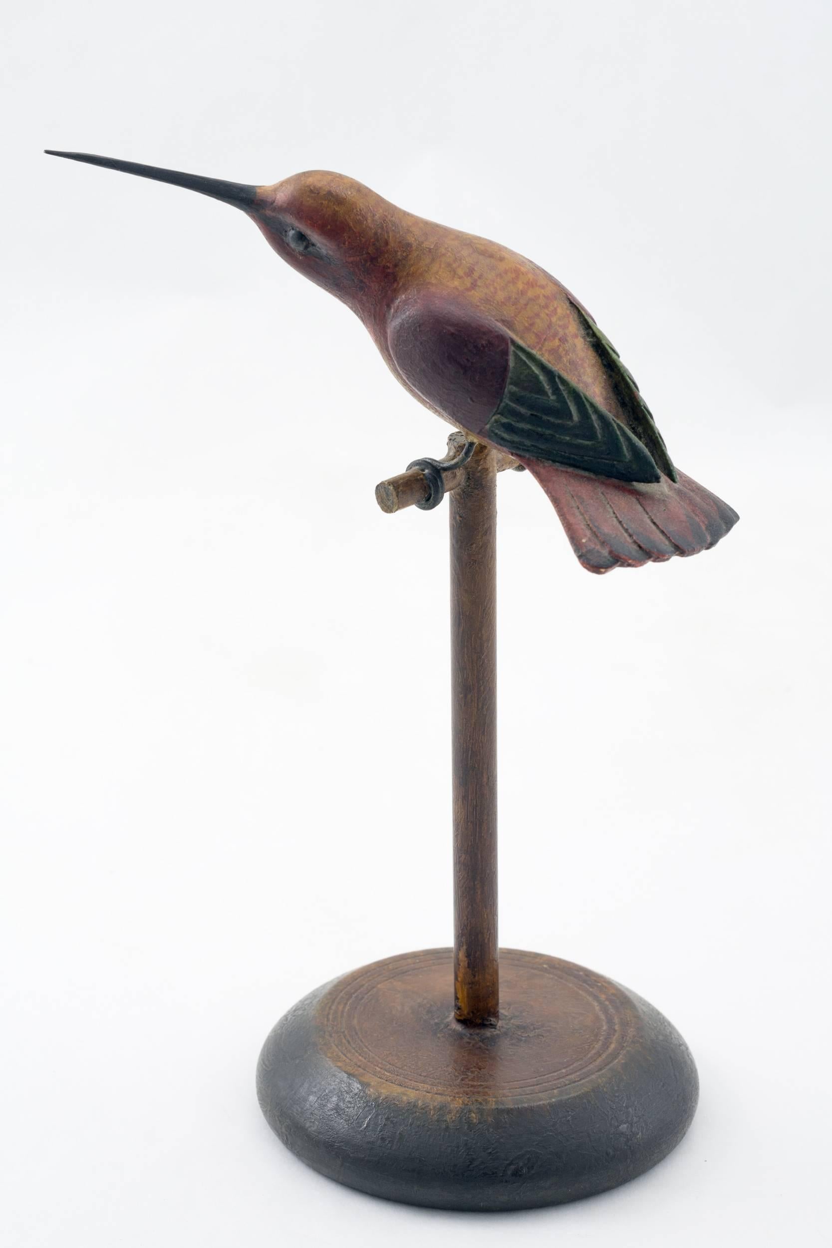 Folk Art Carved and Painted Humming Bird on Perch