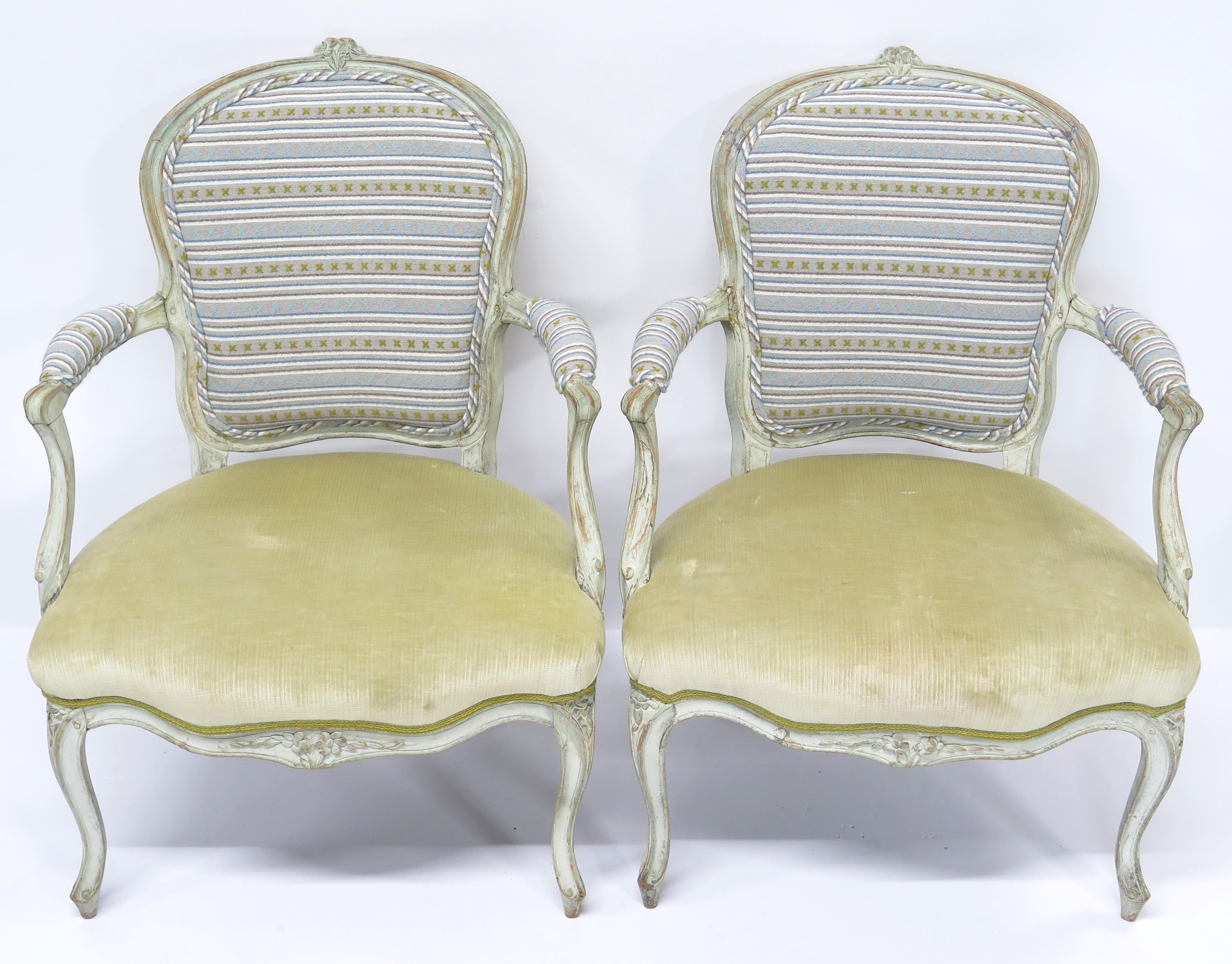 Carved and Painted Louis XV Fauteuils For Sale 10