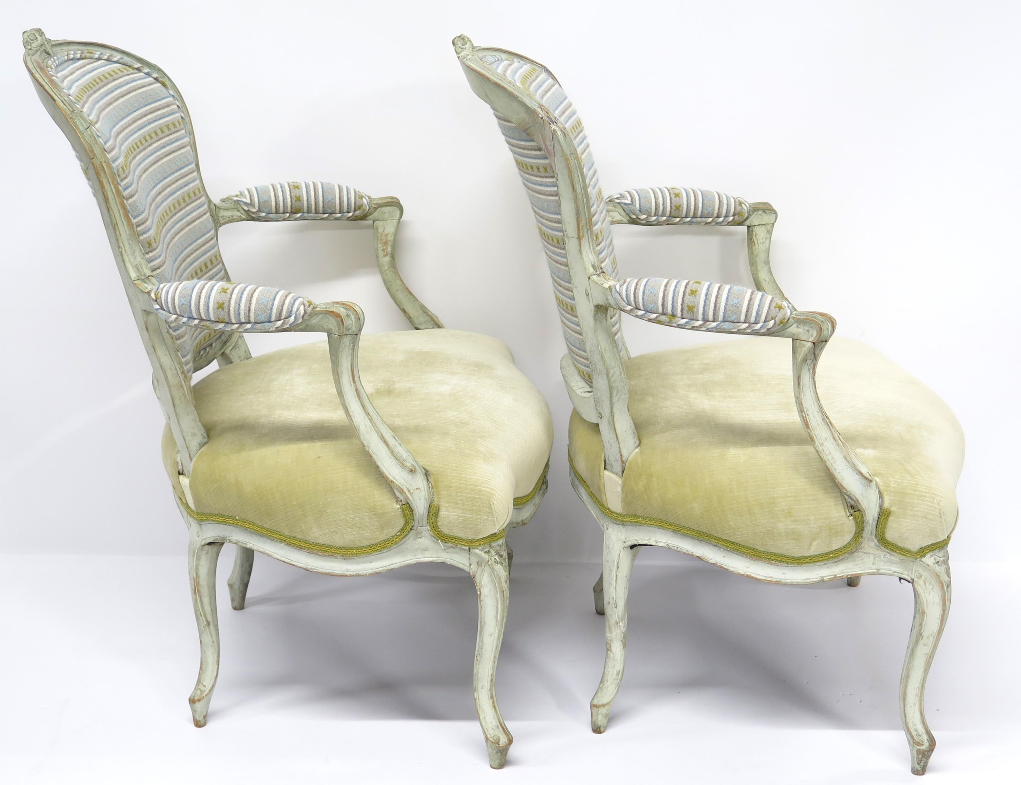 English Carved and Painted Louis XV Fauteuils For Sale