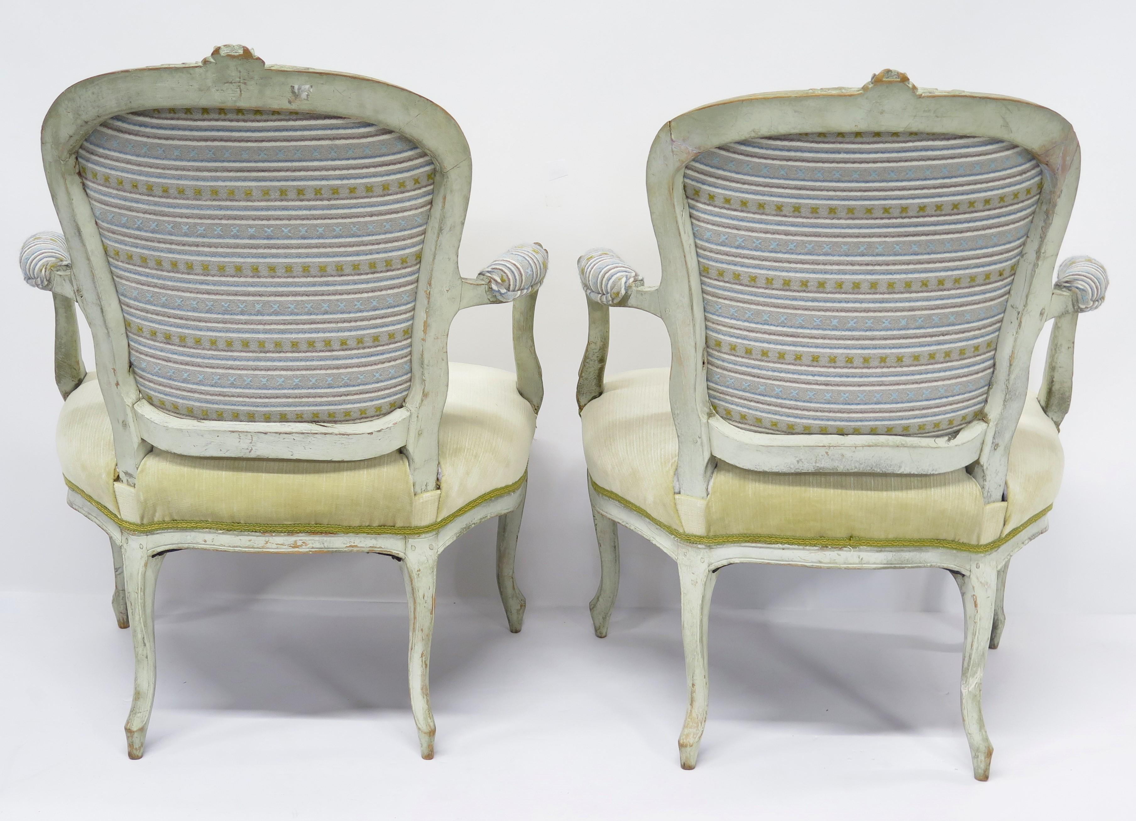 Hand-Carved Carved and Painted Louis XV Fauteuils For Sale
