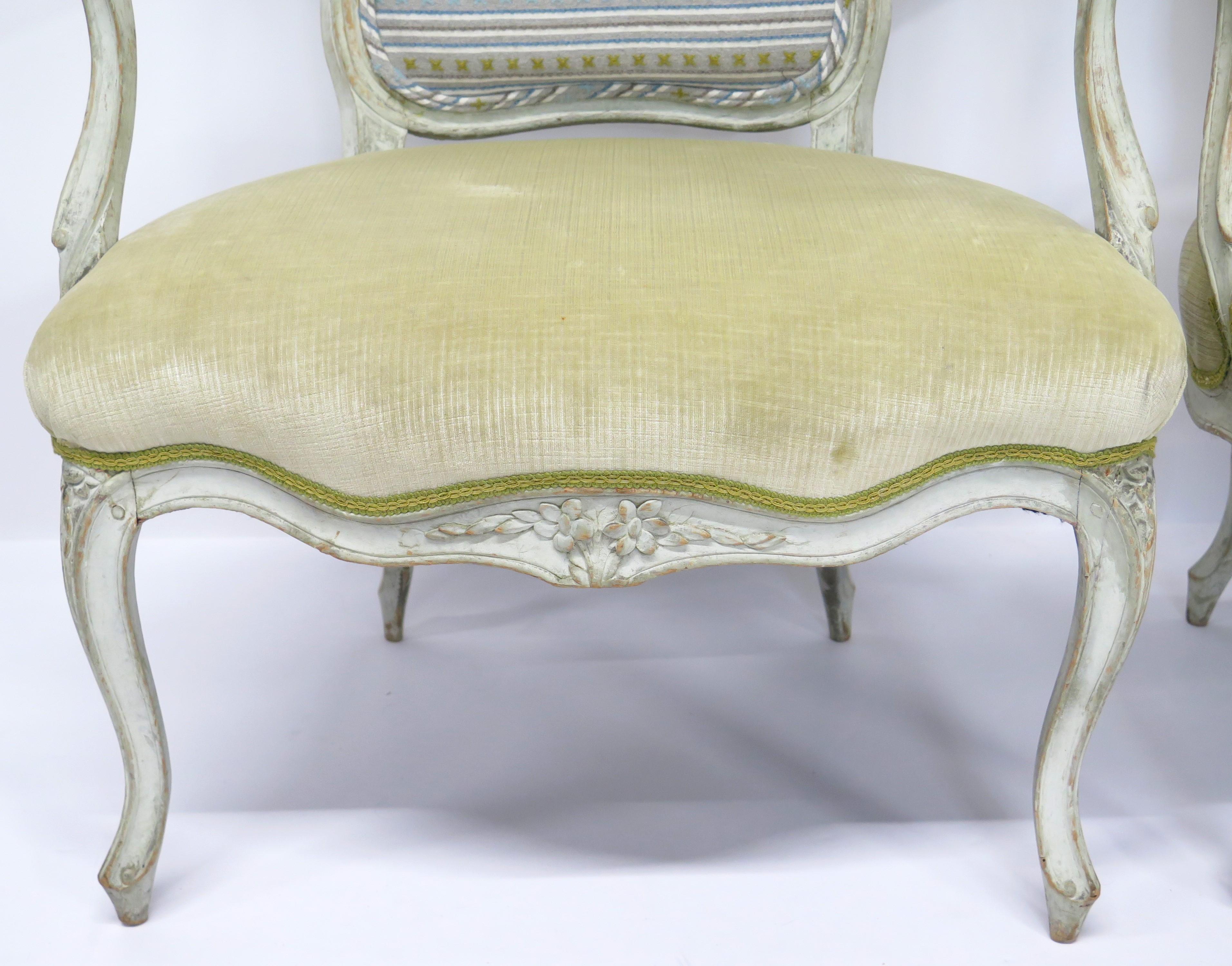 Upholstery Carved and Painted Louis XV Fauteuils For Sale