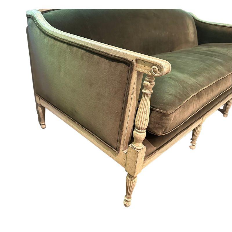 Carved and Painted Louis XVI Style Green Velvet Sofa In Good Condition In Locust Valley, NY