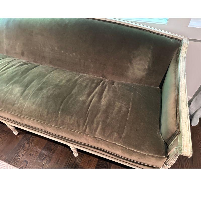 20th Century Carved and Painted Louis XVI Style Green Velvet Sofa