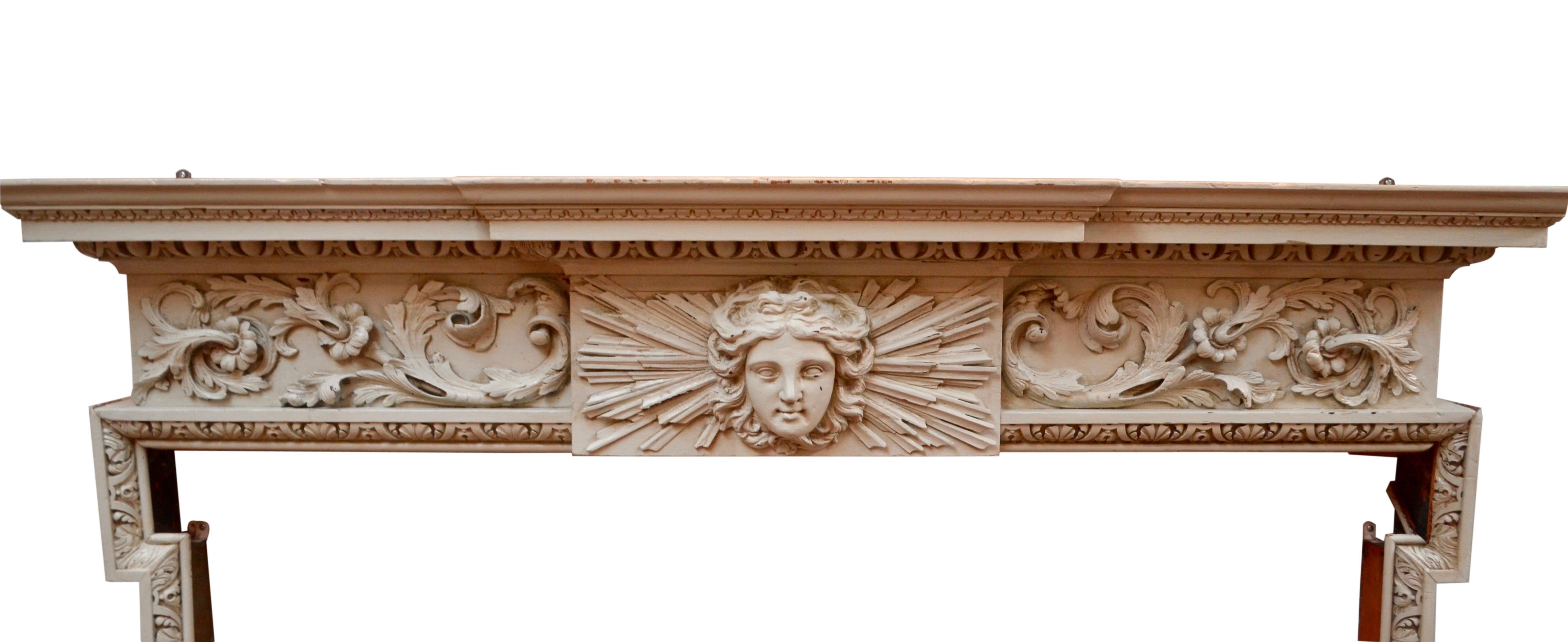 Carved and Painted Pinewood, 18 Century Fireplace Mantle or Chimneypiece For Sale 1