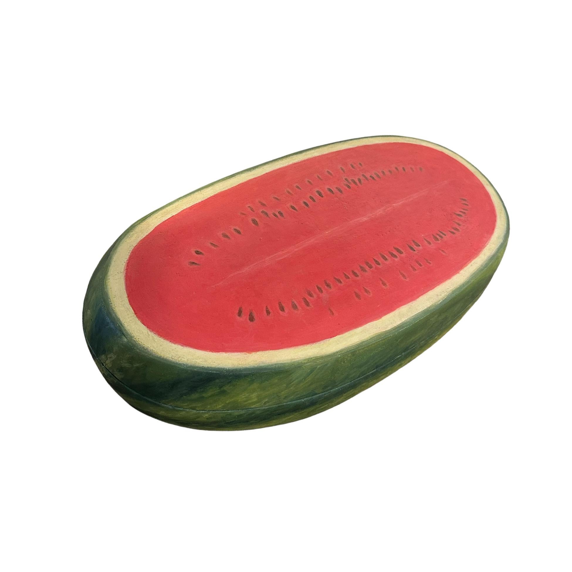 Carved and painted watermelon bowl by master carver Frank Finney. Lift top lid, with scraping style interior. Signed on bottom 