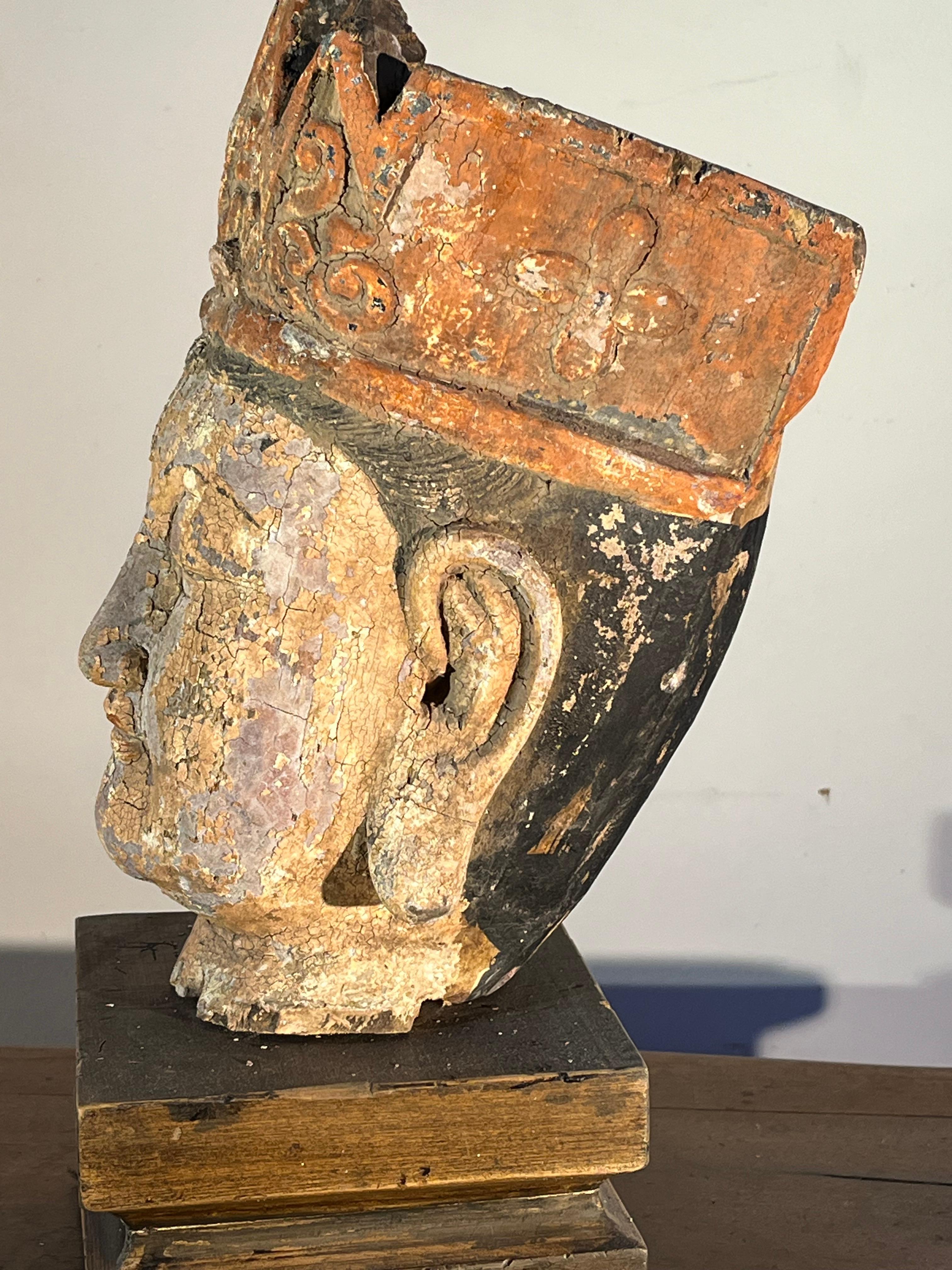 Chinese Carved and Painted Wood Buddha Head