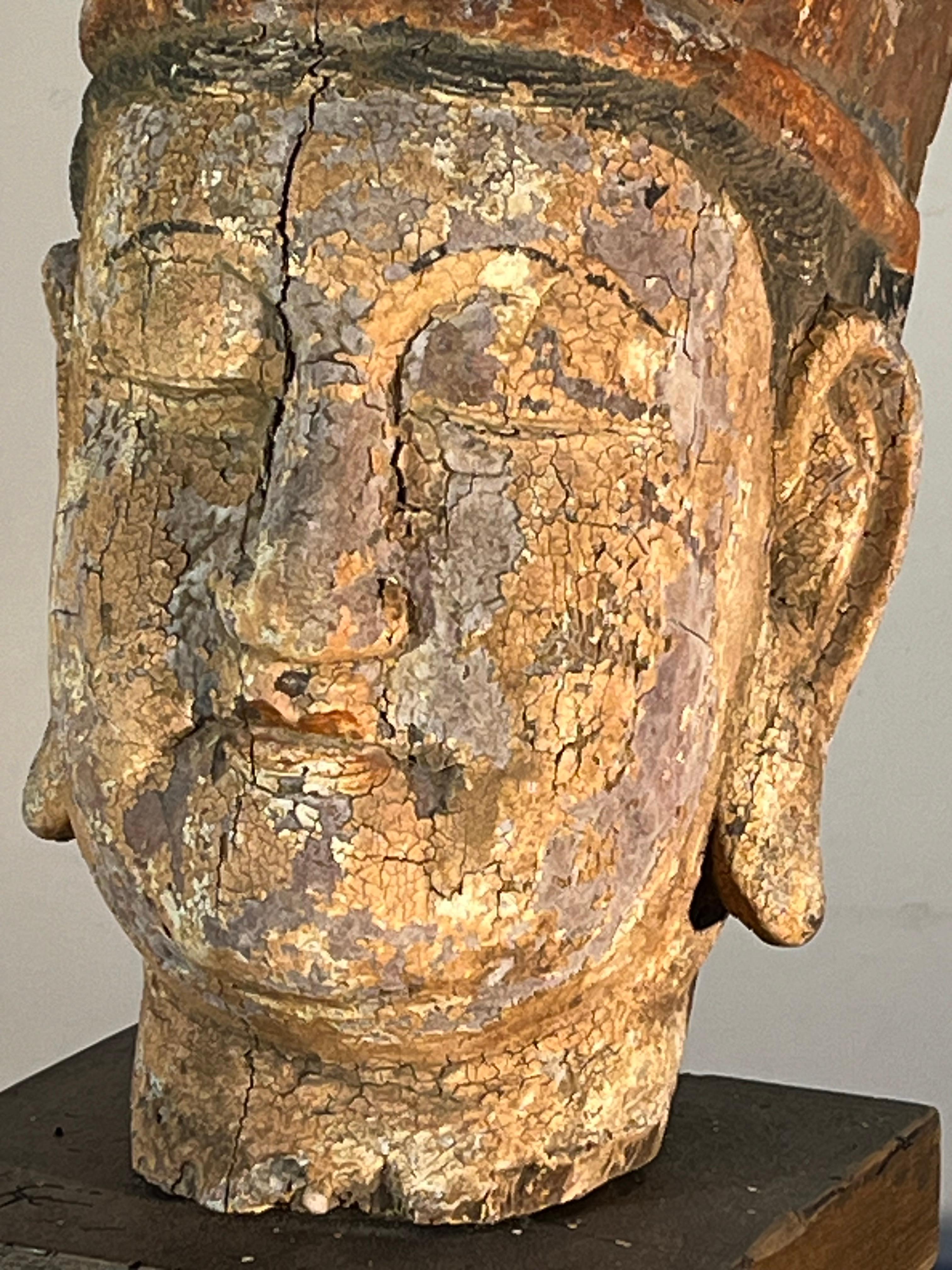 Hand-Carved Carved and Painted Wood Buddha Head