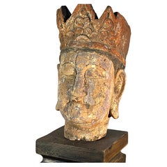 Carved and Painted Wood Buddha Head