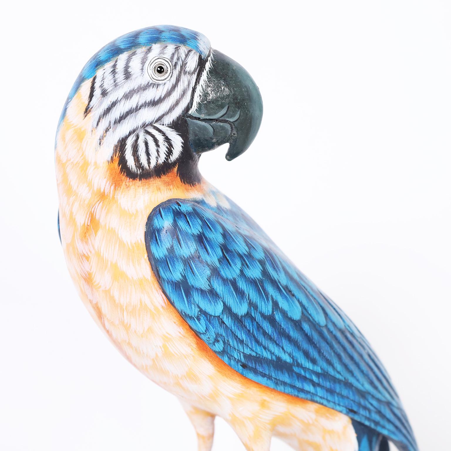 Organic Modern Carved and Painted Wood Parrot Sculpture For Sale
