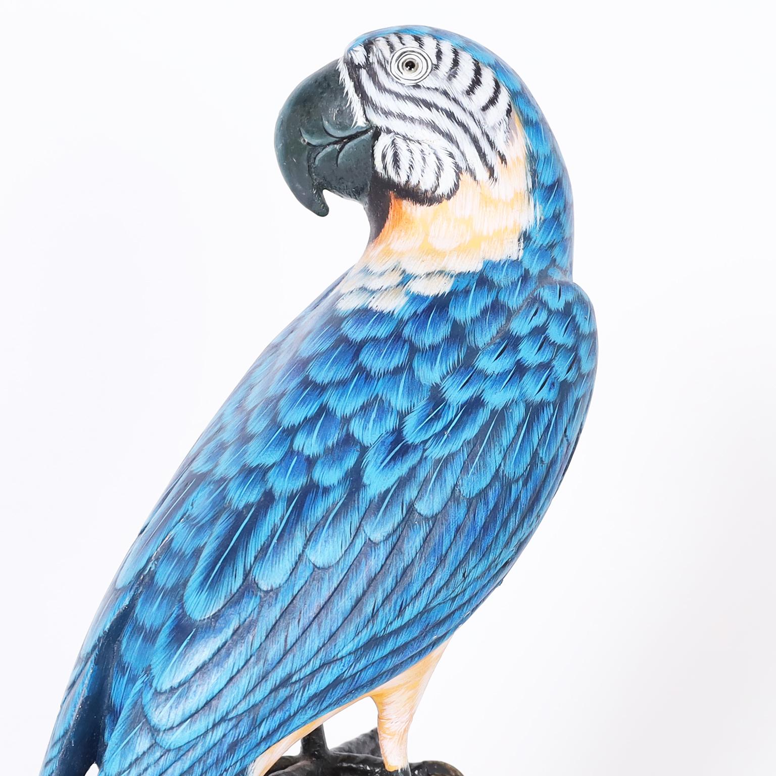 Hand-Carved Carved and Painted Wood Parrot Sculpture For Sale