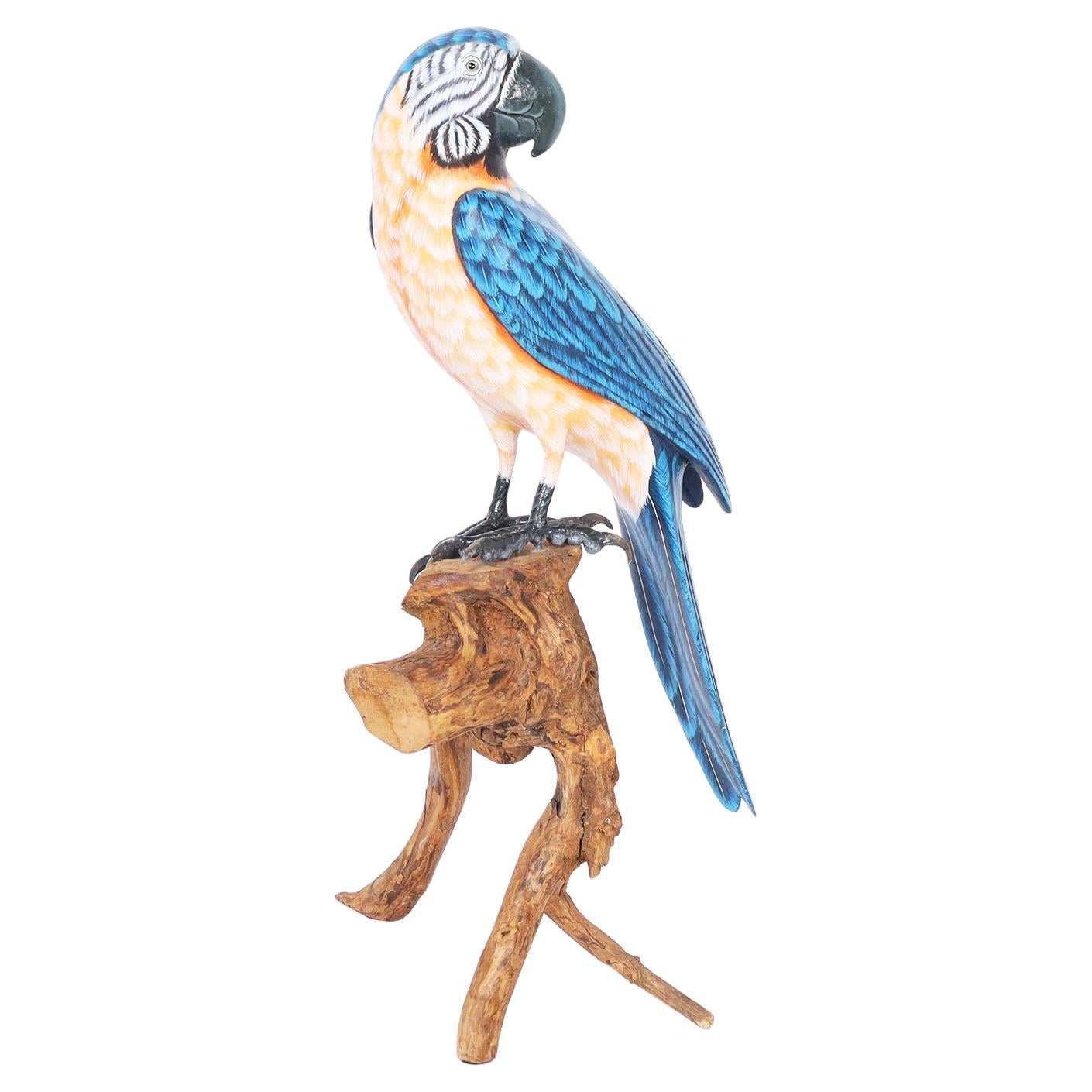 Sculpture de perroquet en bois sculptée et peinte