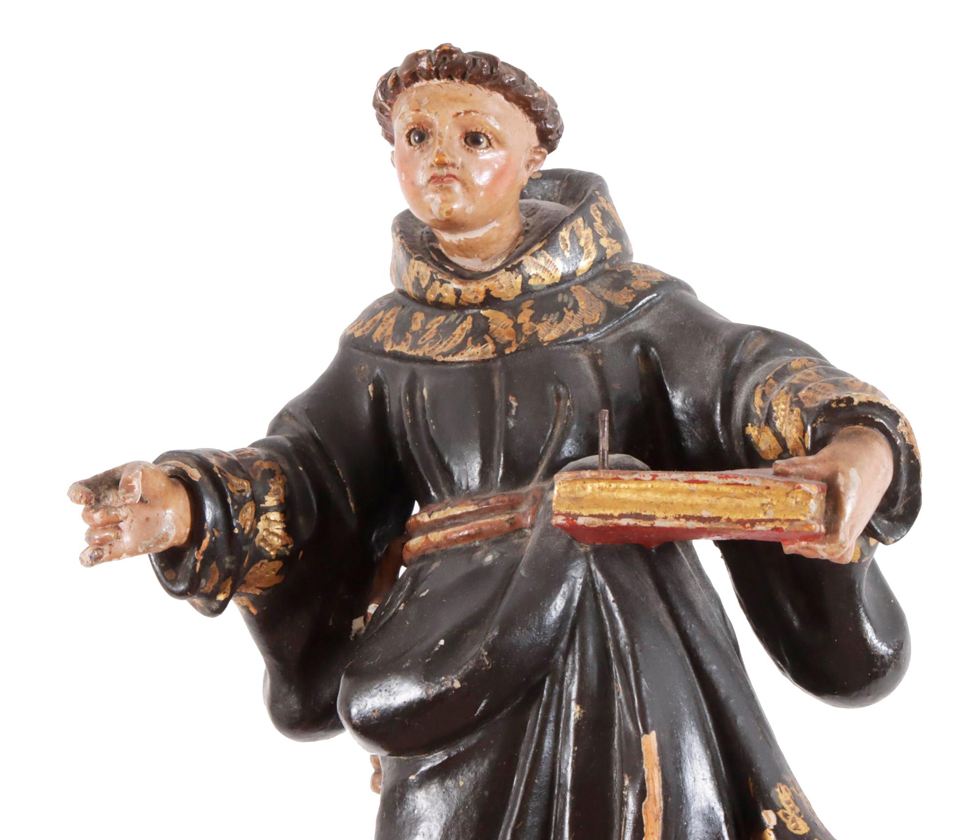 Baroque Carved and Painted Wood Sculpture Preaching Monk, Spanish 18th Century