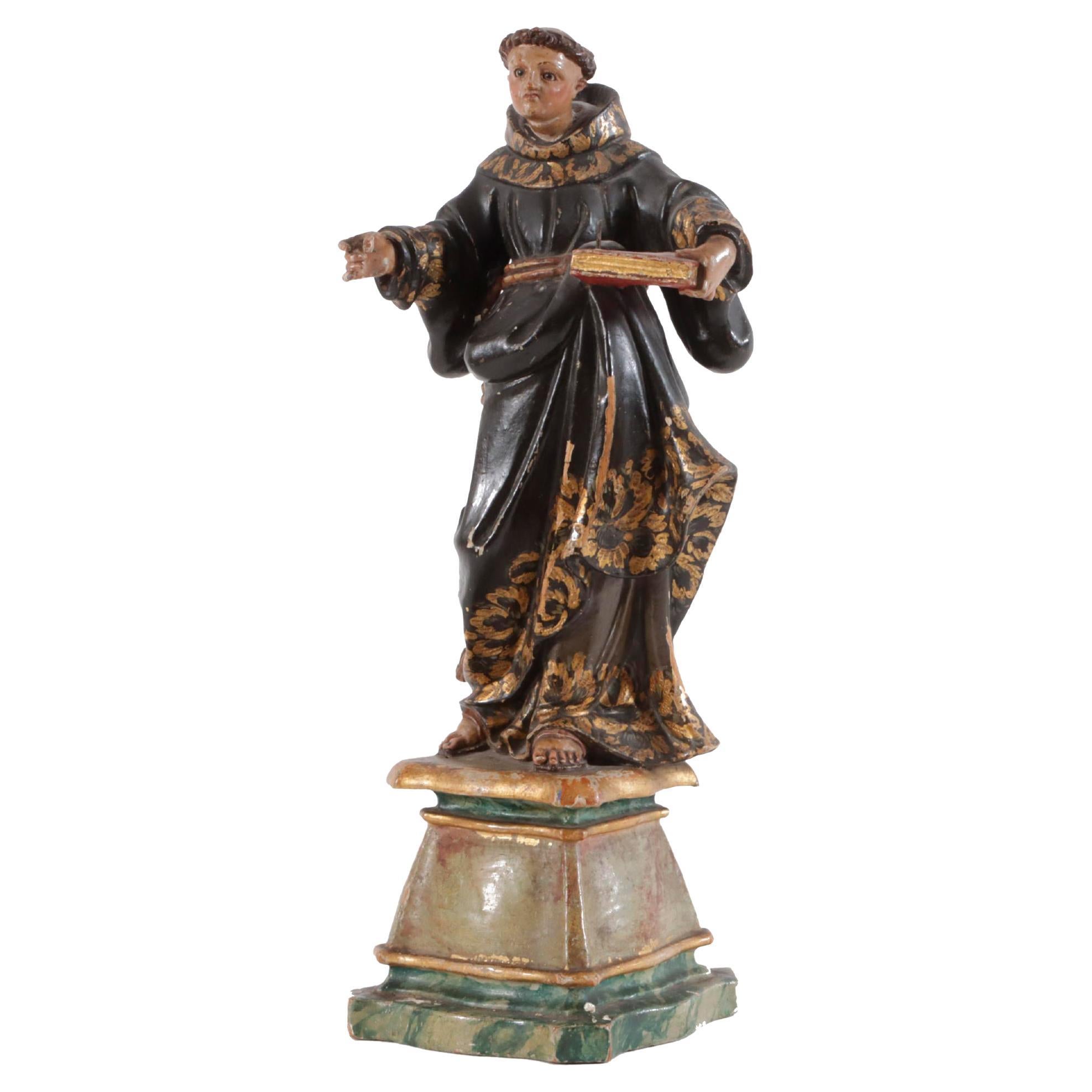 Carved and Painted Wood Sculpture Preaching Monk, Spanish 18th Century