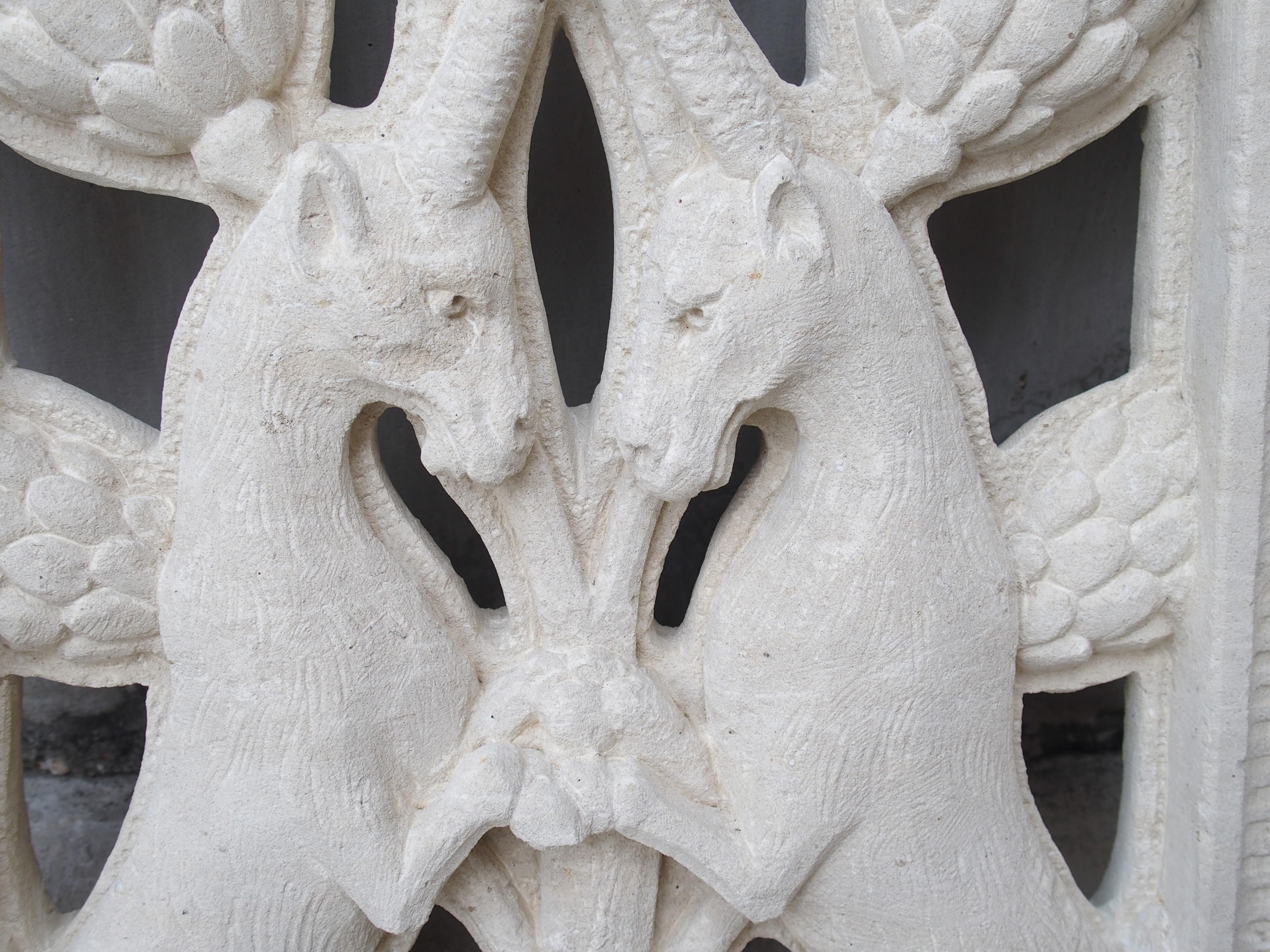 Hand-Carved Carved and Pierced Italian Limestone Plaque of Rampant Ibex For Sale