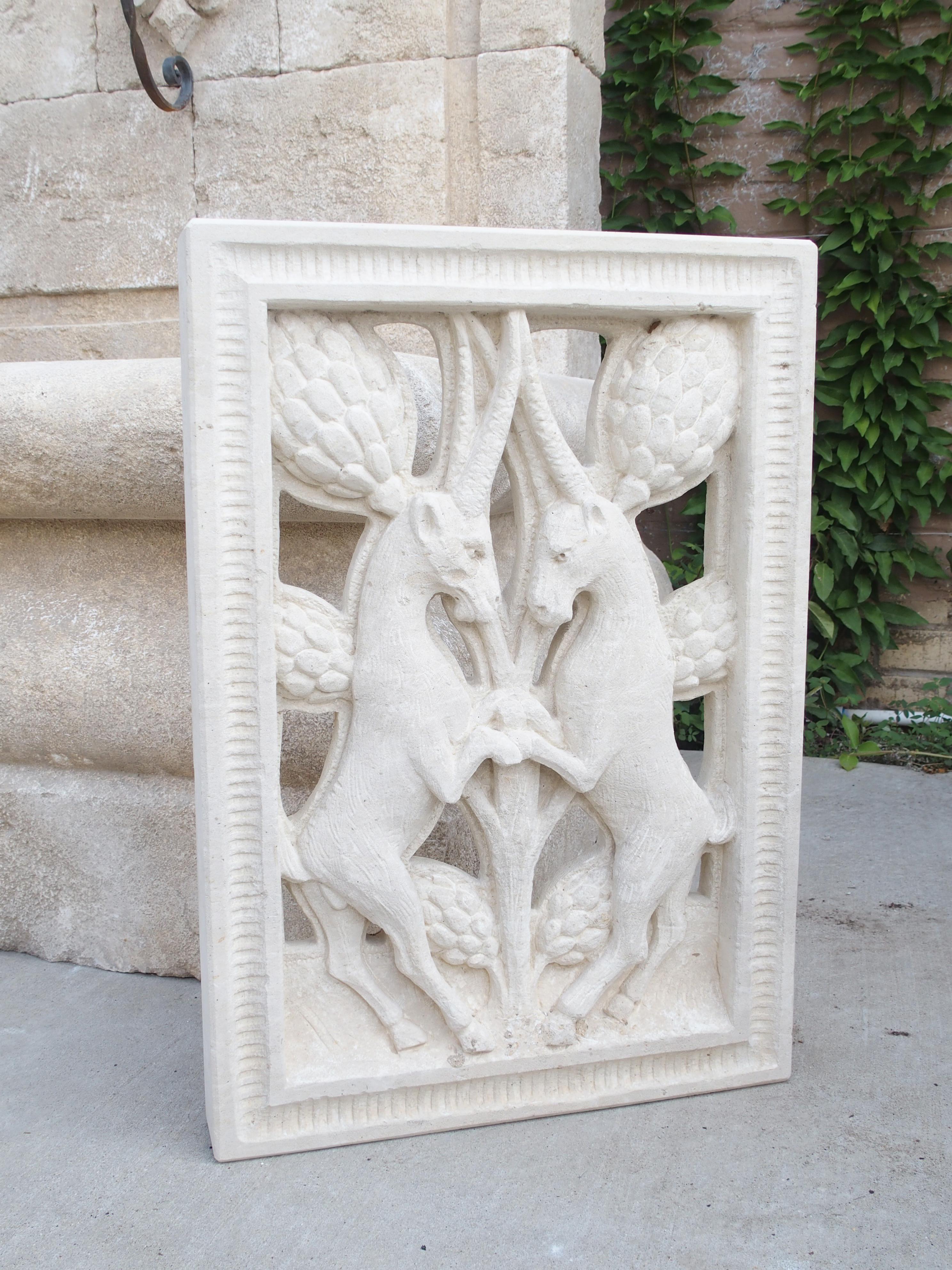 Carved and Pierced Italian Limestone Plaque of Rampant Ibex In Good Condition For Sale In Dallas, TX