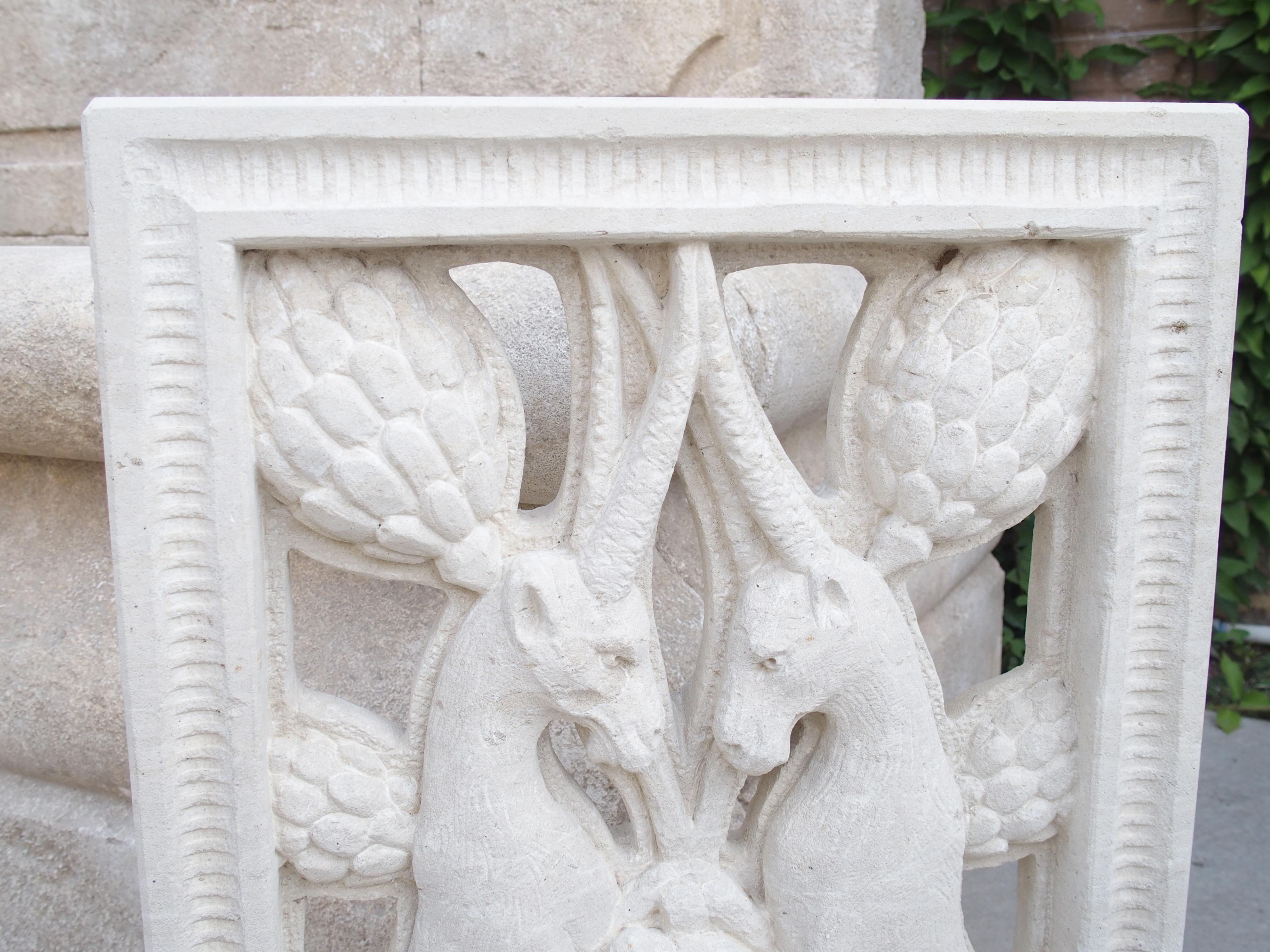 Contemporary Carved and Pierced Italian Limestone Plaque of Rampant Ibex For Sale