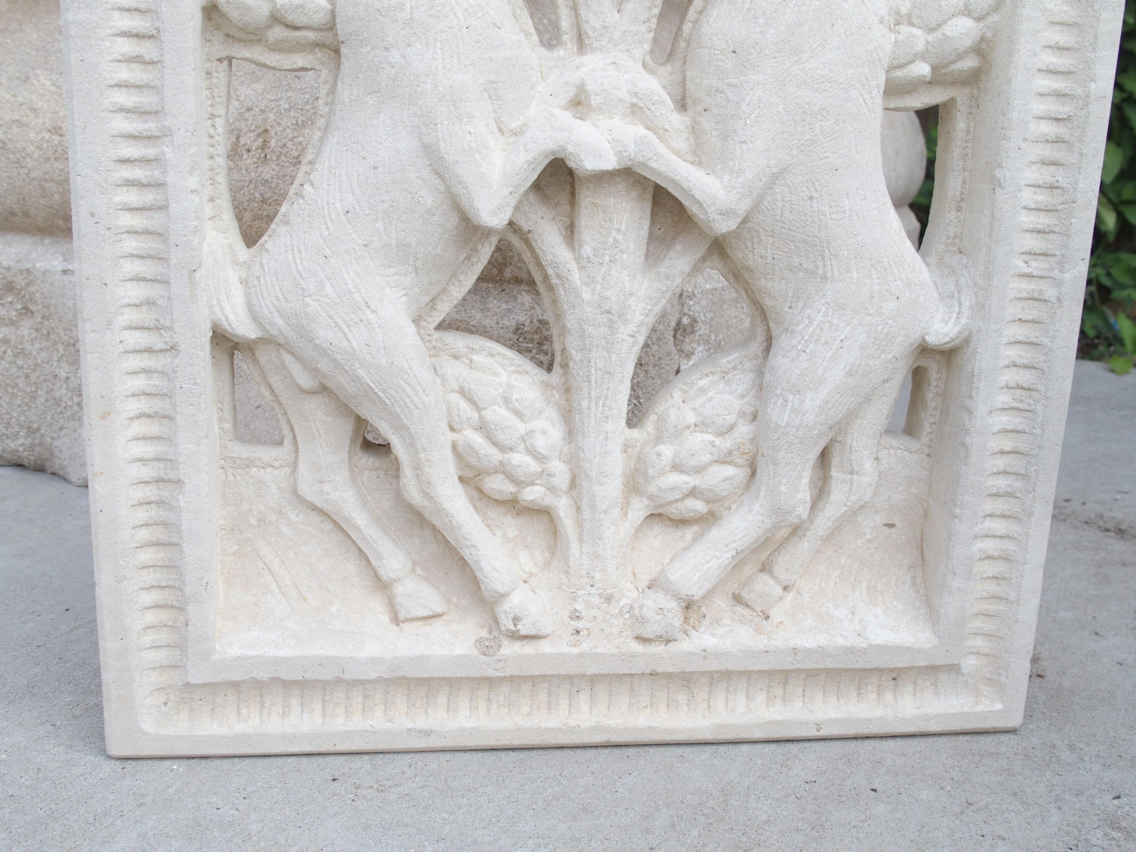 Stone Carved and Pierced Italian Limestone Plaque of Rampant Ibex For Sale