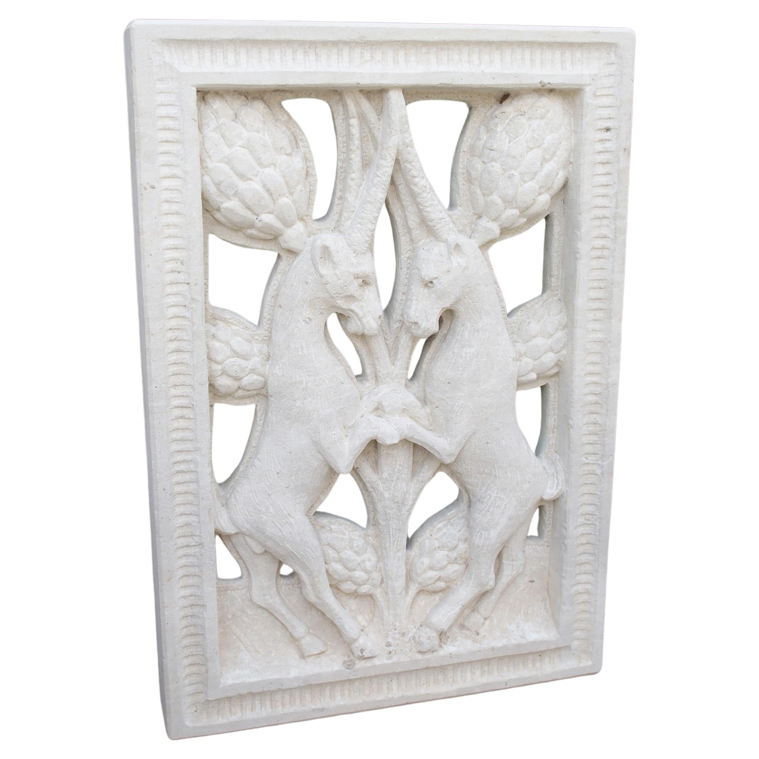 Carved and Pierced Italian Limestone Plaque of Rampant Ibex For Sale