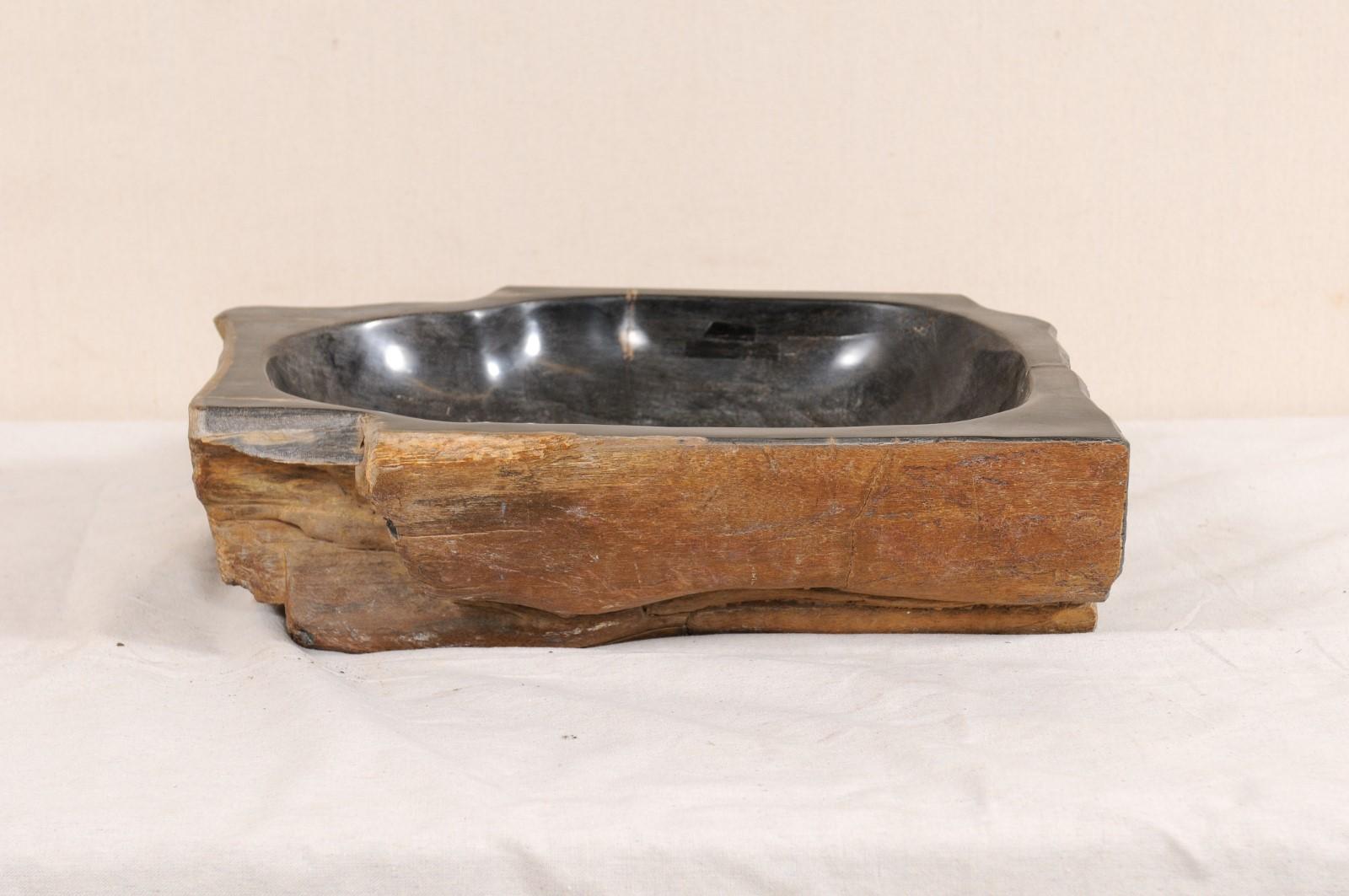 Carved and Polished Black and Warm Brown Petrified Wood Sink In Good Condition In Atlanta, GA