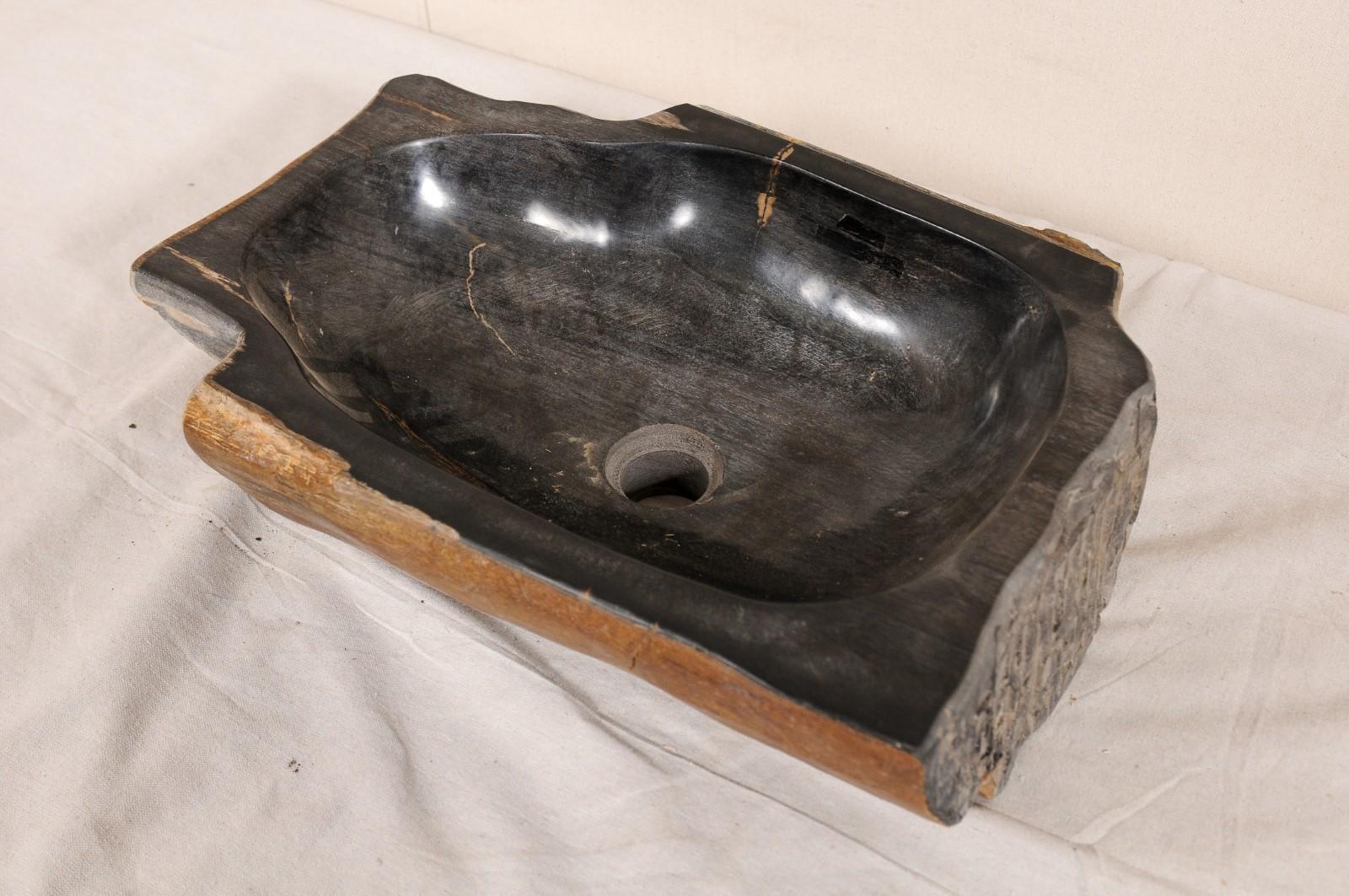 Carved and Polished Black and Warm Brown Petrified Wood Sink 1