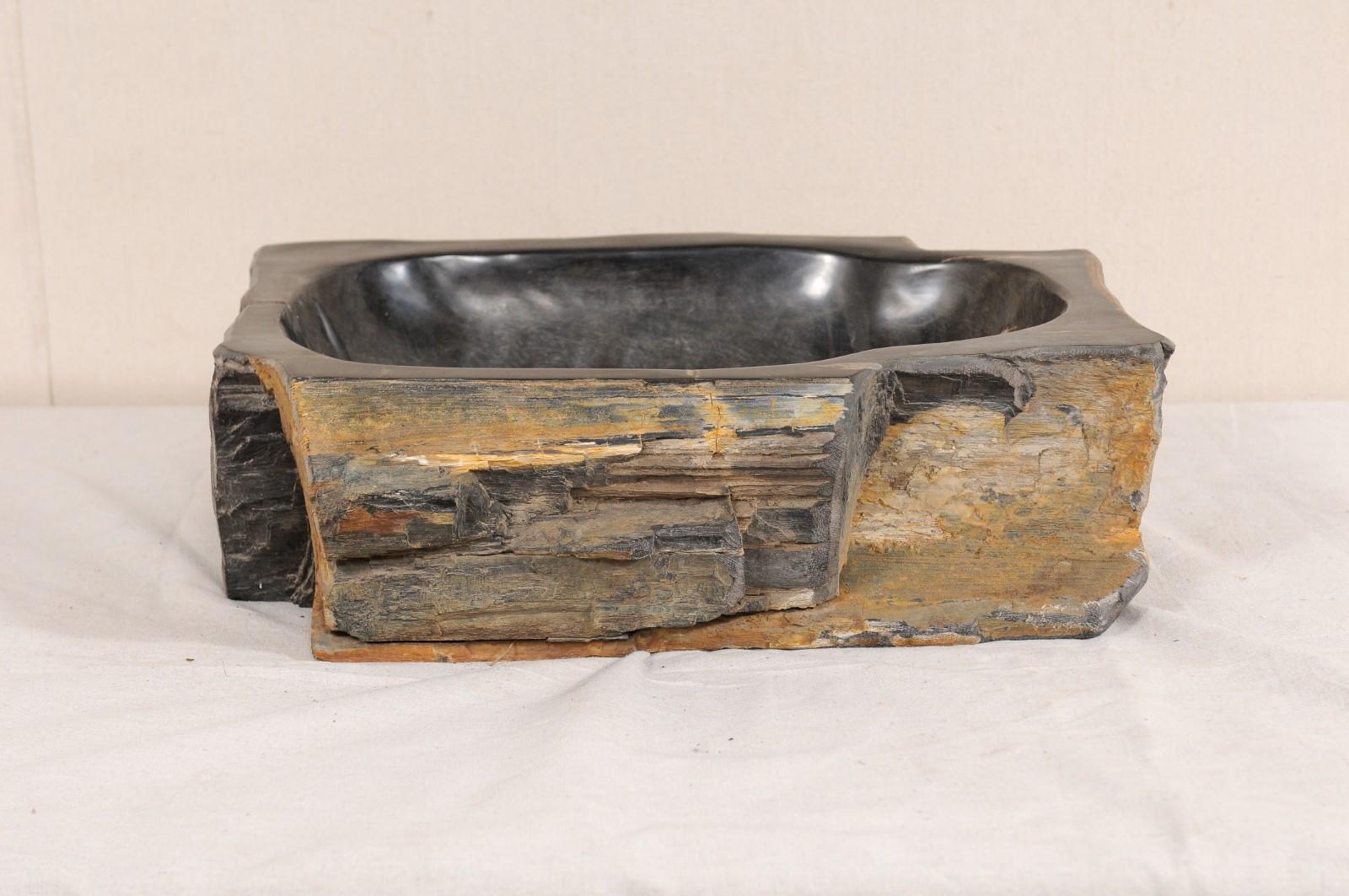 Carved and Polished Black and Warm Brown Petrified Wood Sink 3