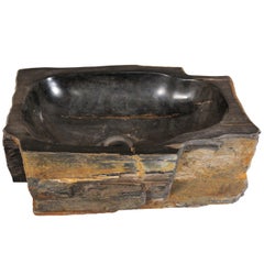 Carved and Polished Black and Warm Brown Petrified Wood Sink