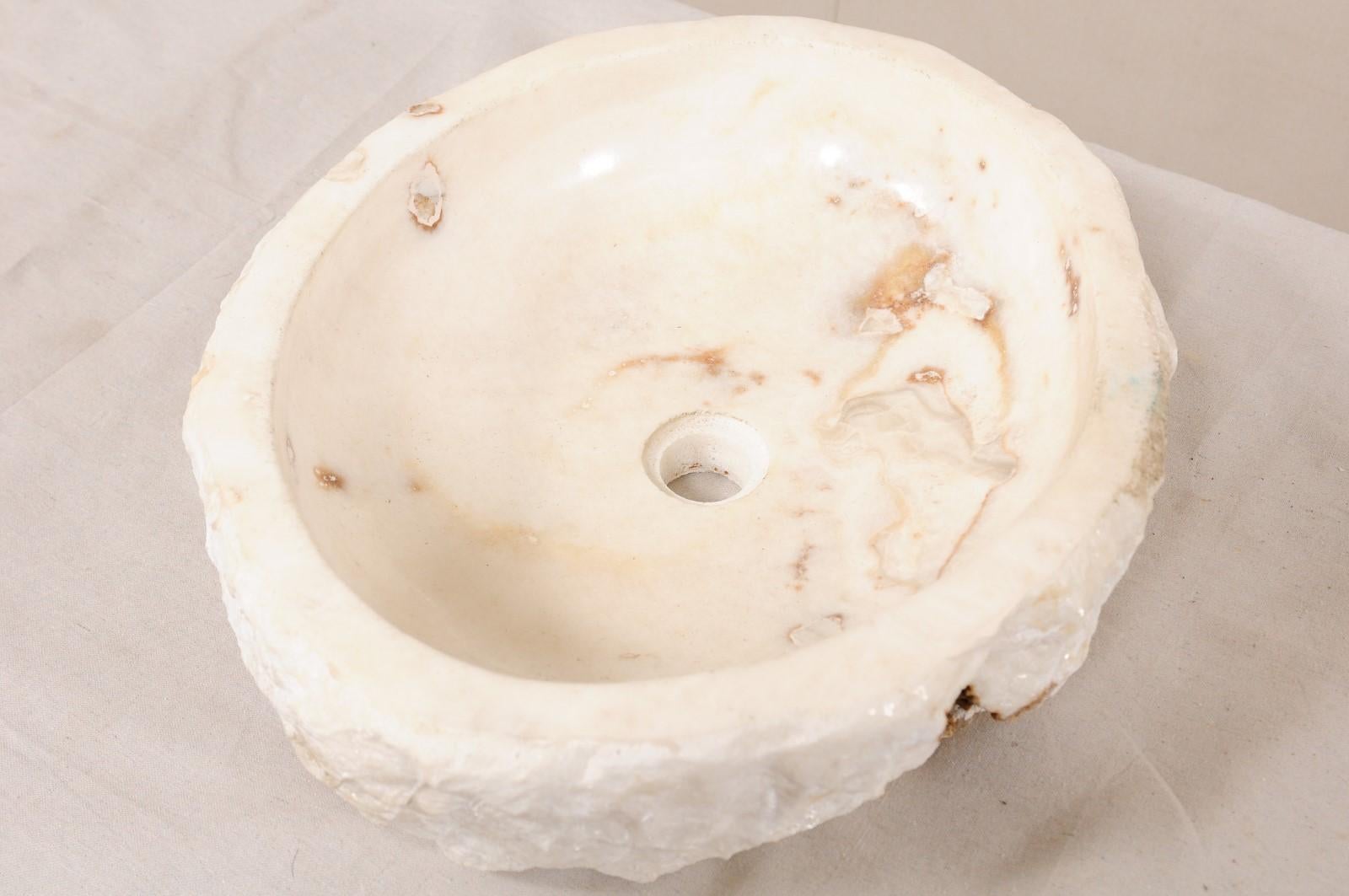 Carved and Polished Creamy White Onyx Stone Sink Basin In Good Condition In Atlanta, GA