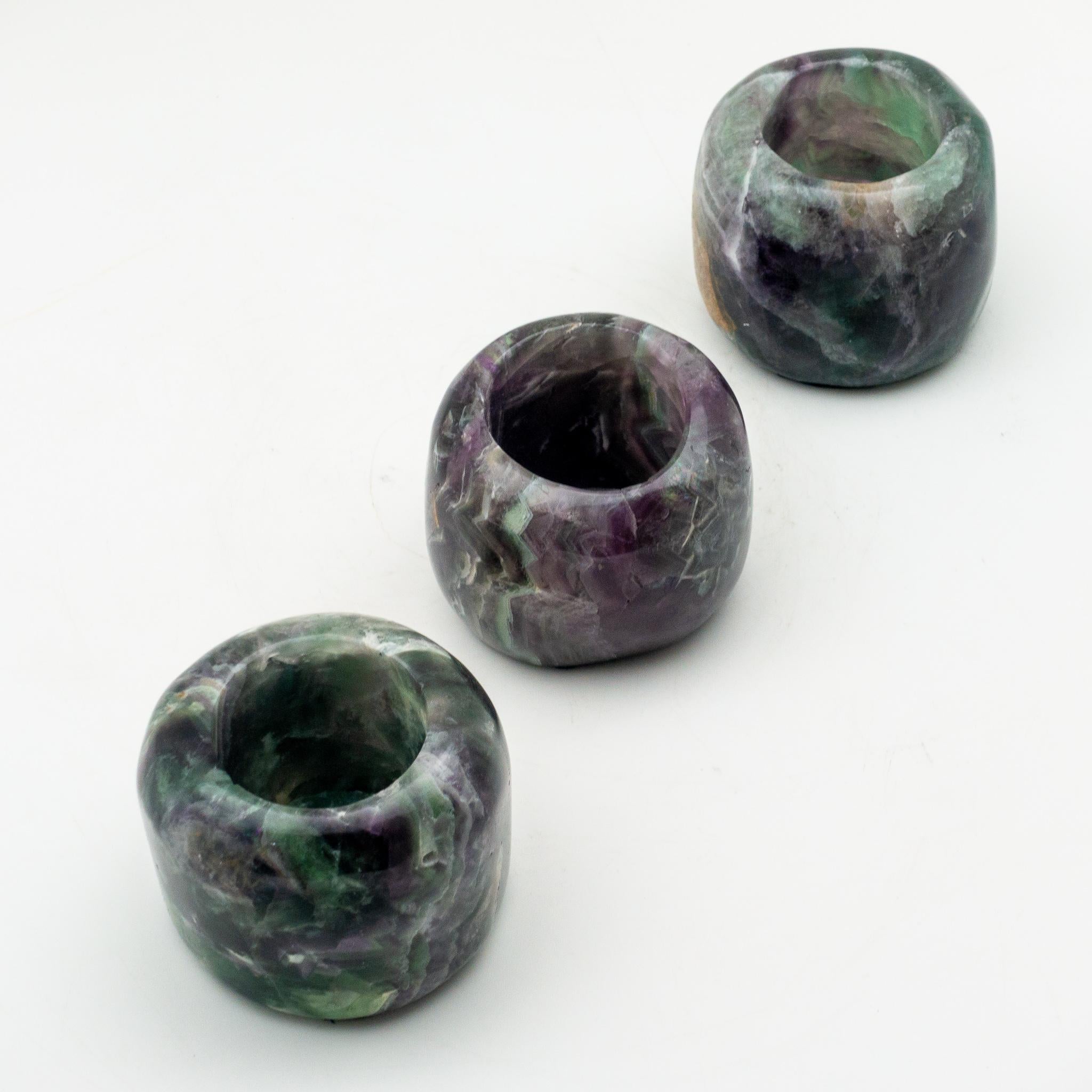Carved and Polished Natural Fluorite Candleholders, Set of 3 1