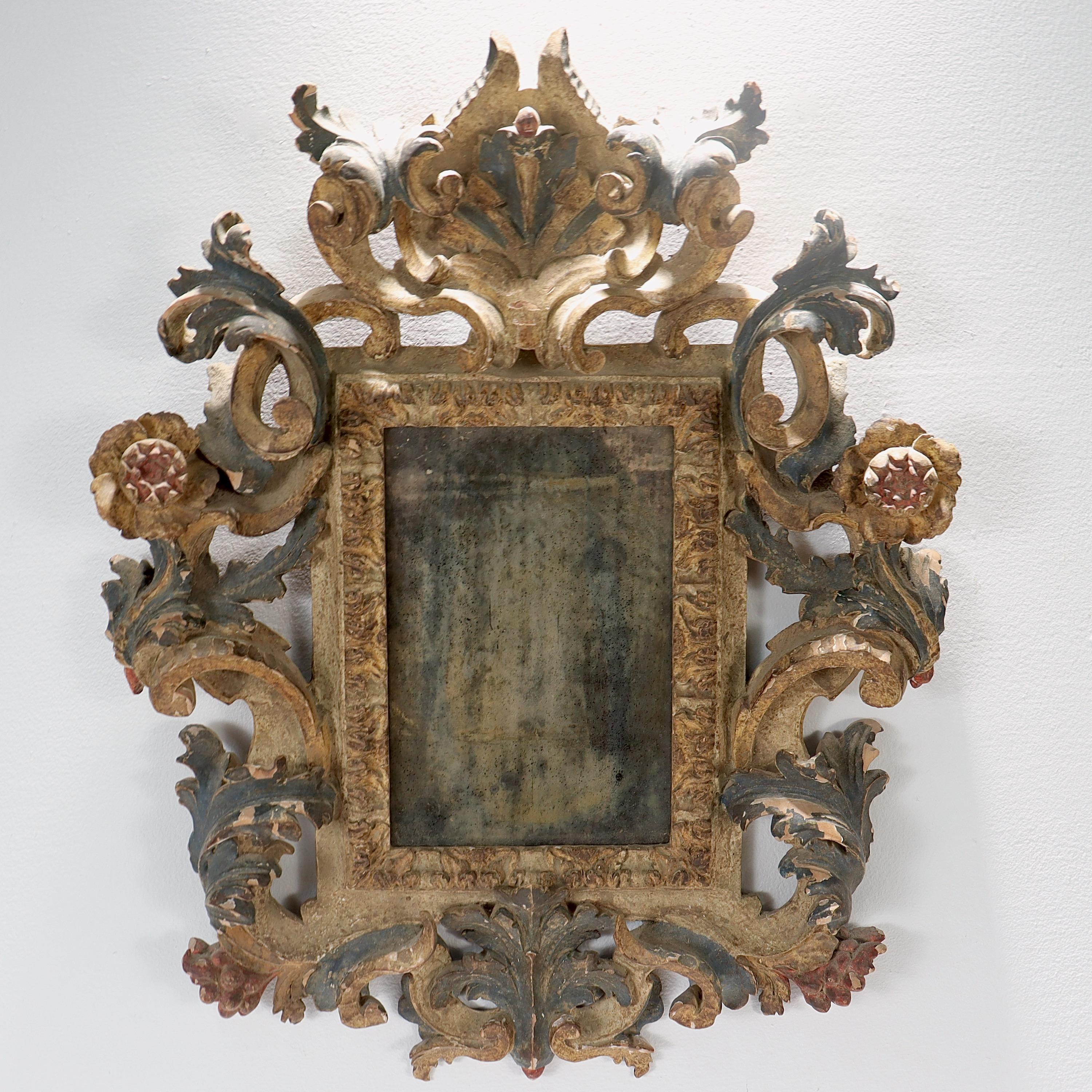 Carved and Polychrome Decorated Italian Rococo Florentine Style Mirror or Frame 5
