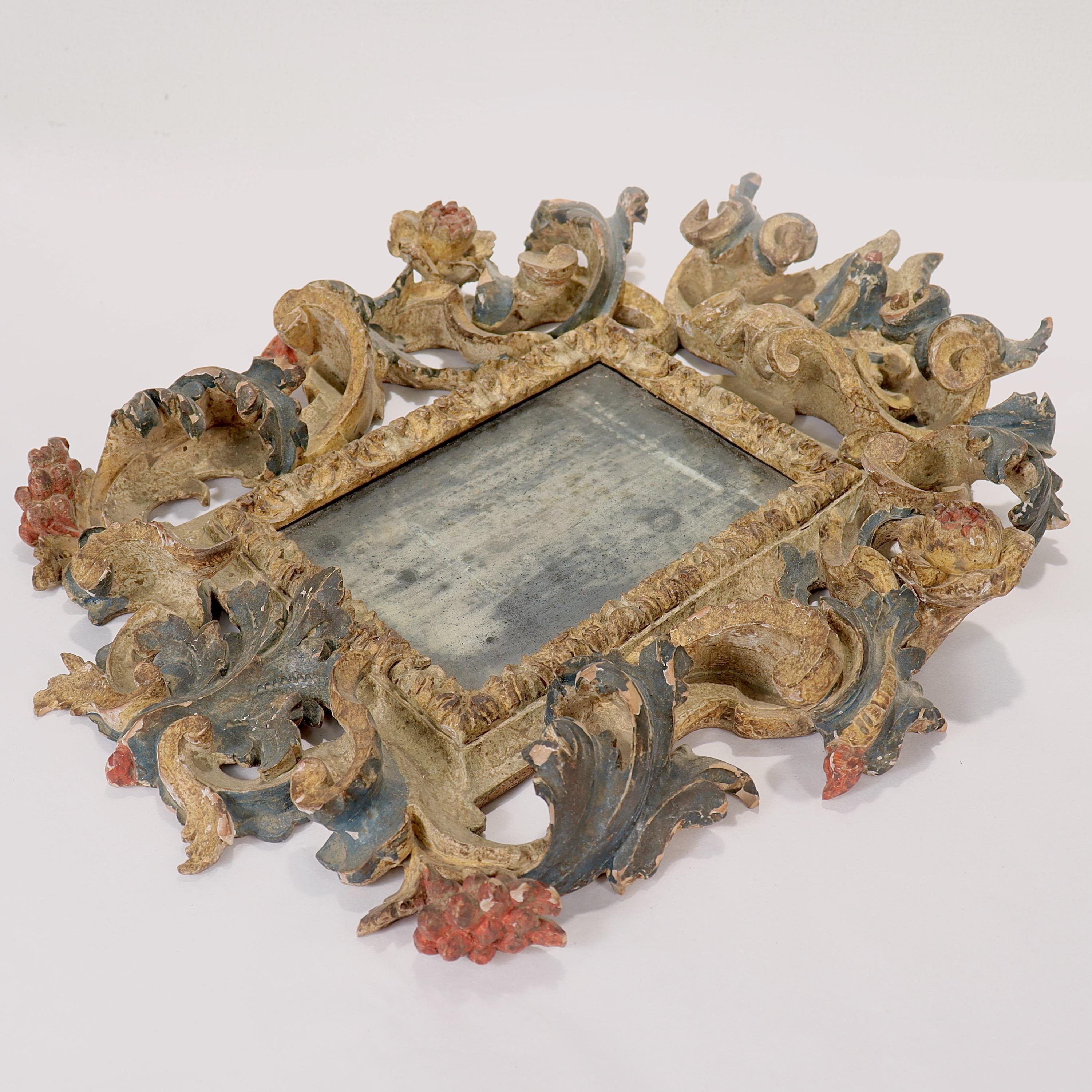 Carved and Polychrome Decorated Italian Rococo Florentine Style Mirror or Frame In Fair Condition In Philadelphia, PA