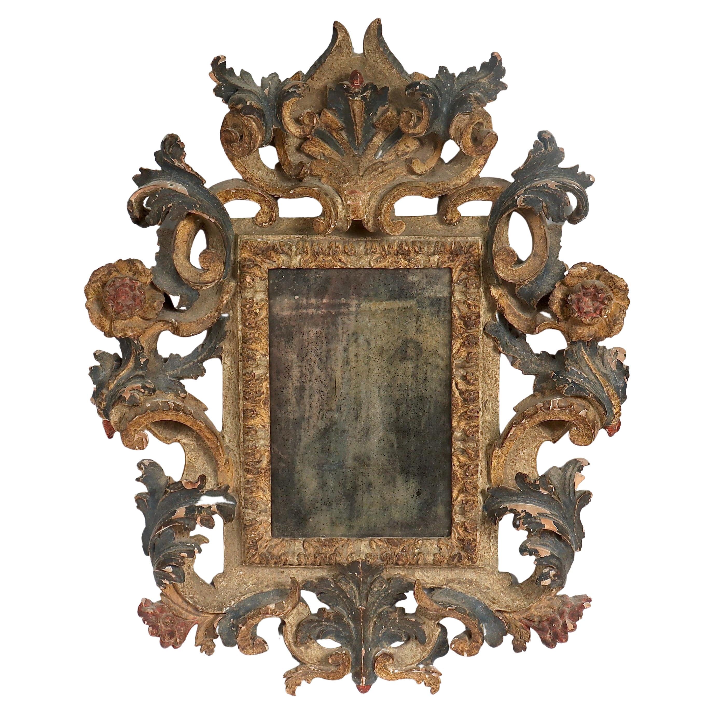 Carved and Polychrome Decorated Italian Rococo Florentine Style Mirror or Frame