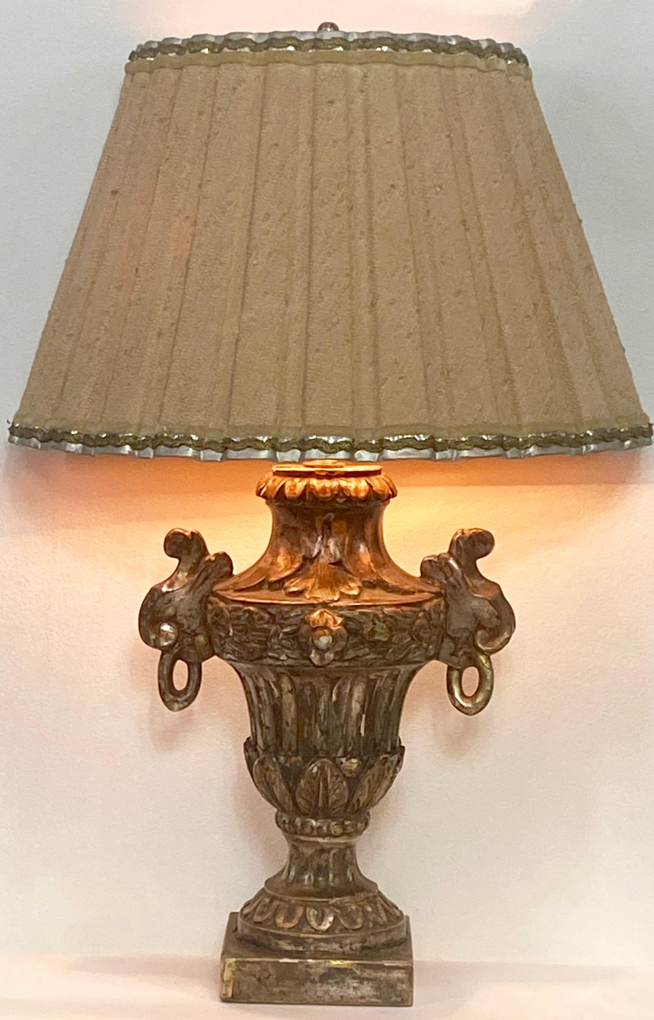 Wood Carved and Silver Gilt Italian Urn Lamp, 19th Century For Sale