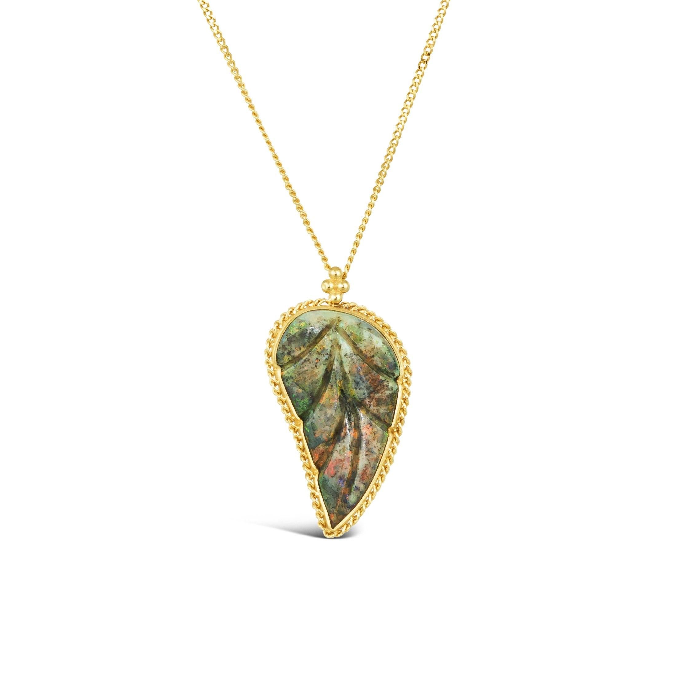 Women's or Men's Carved Andamooka Opal Leaf Necklace For Sale
