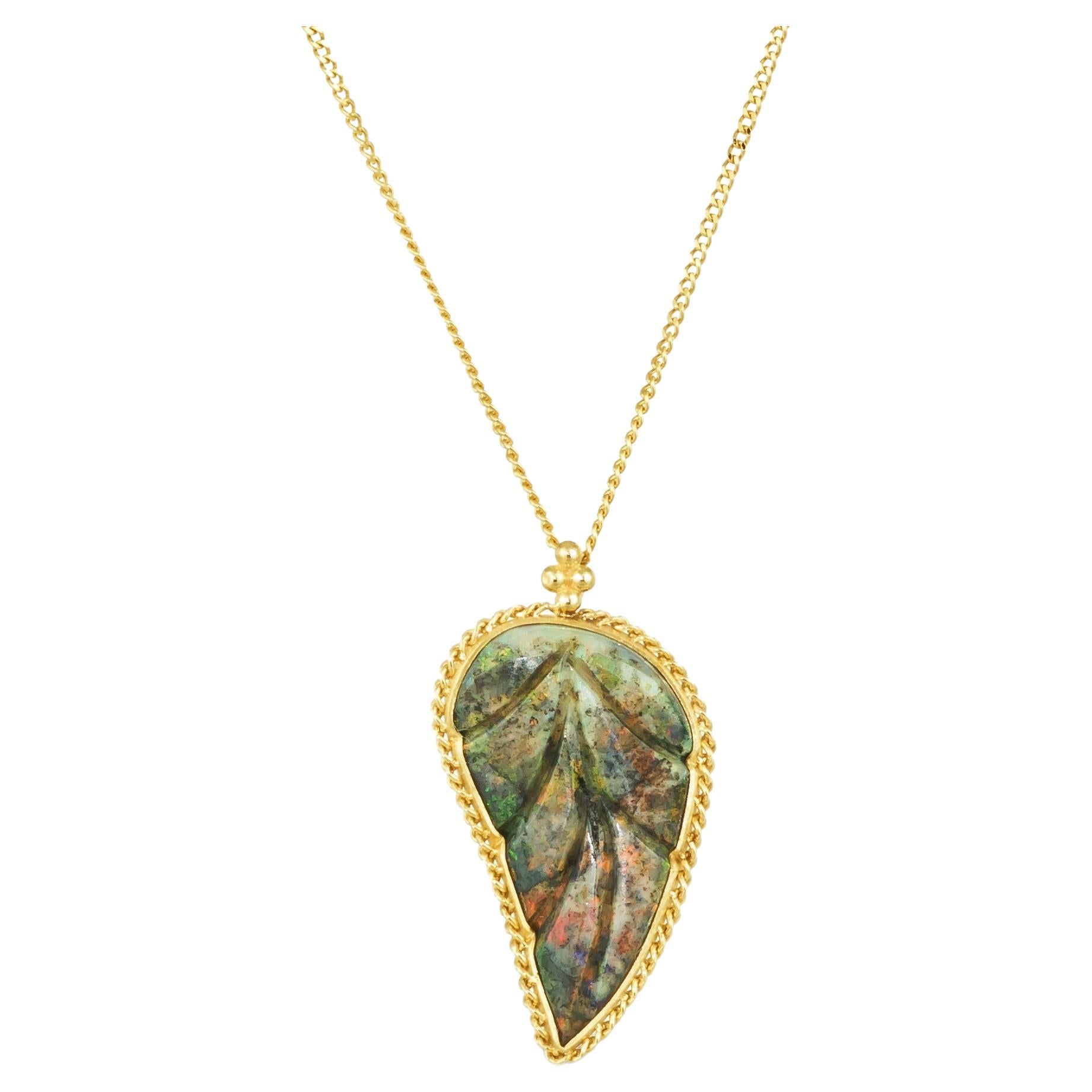 Carved Andamooka Opal Leaf Necklace For Sale