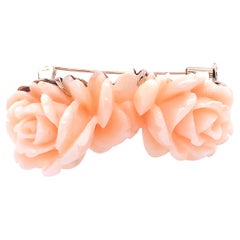 Carved Angel Skin Coral and 18K Rose Gold Flower Brooch Pin