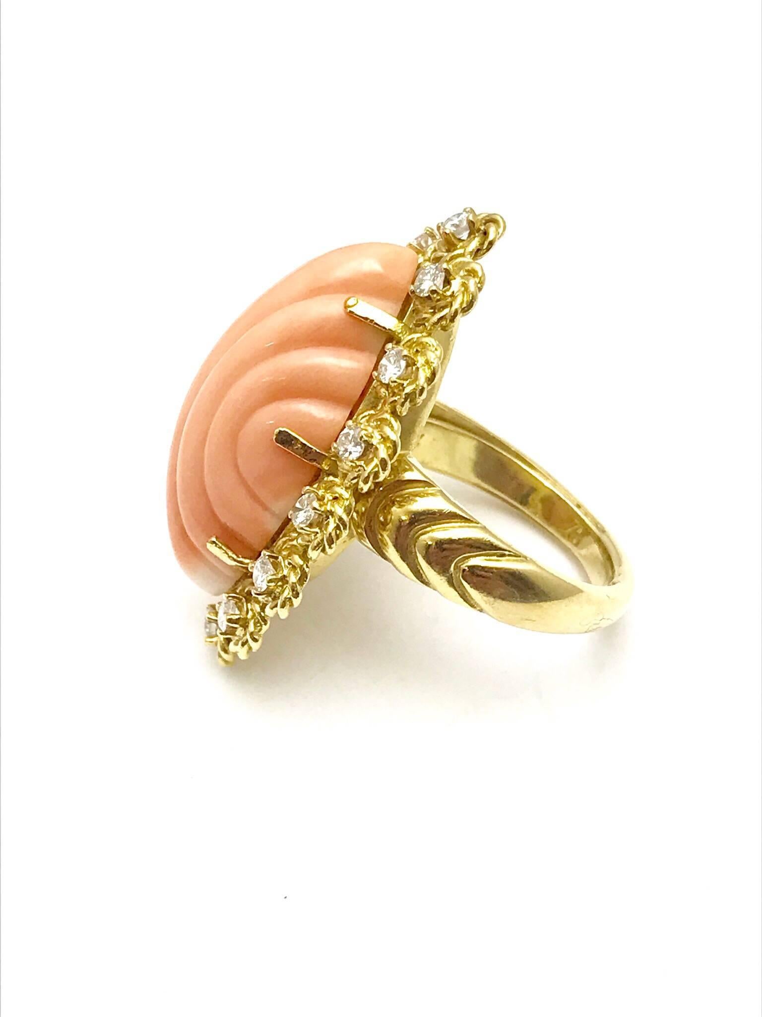 Retro Carved Angel Skin Coral and Diamond Gold Cocktail Ring