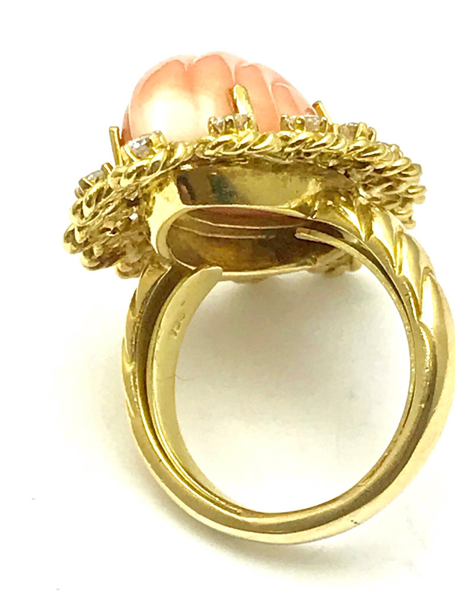 Carved Angel Skin Coral and Diamond Gold Cocktail Ring In Excellent Condition In Chevy Chase, MD