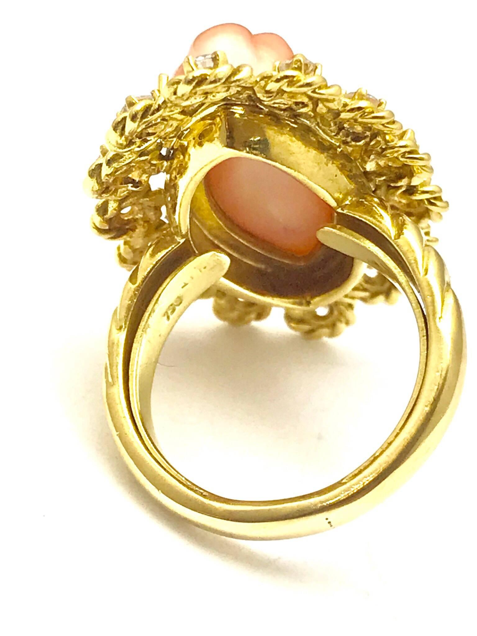 Women's or Men's Carved Angel Skin Coral and Diamond Gold Cocktail Ring