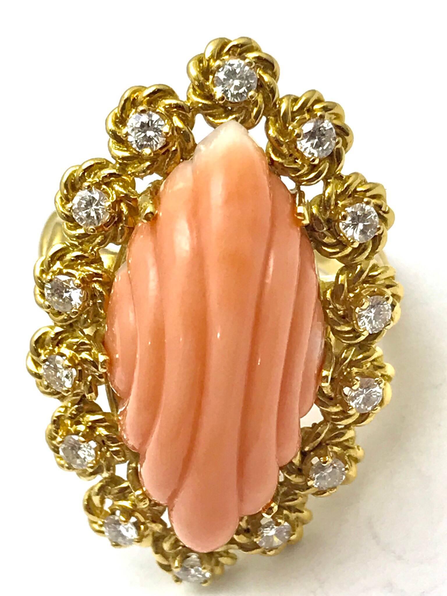 Carved Angel Skin Coral and Diamond Gold Cocktail Ring 1