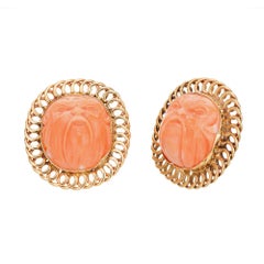 Carved Angel Skin Coral Gold Lever Back Clip Vintage Post Earrings