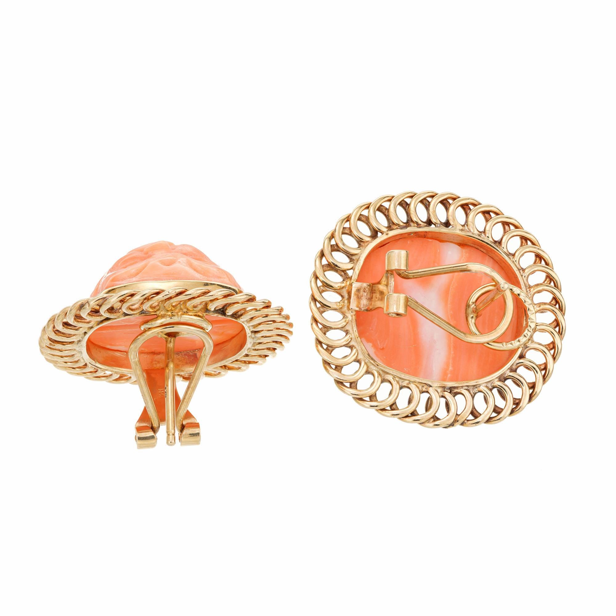 Tumbled Carved Angel Skin Coral Gold Lever Back Clip Vintage Post Earrings For Sale