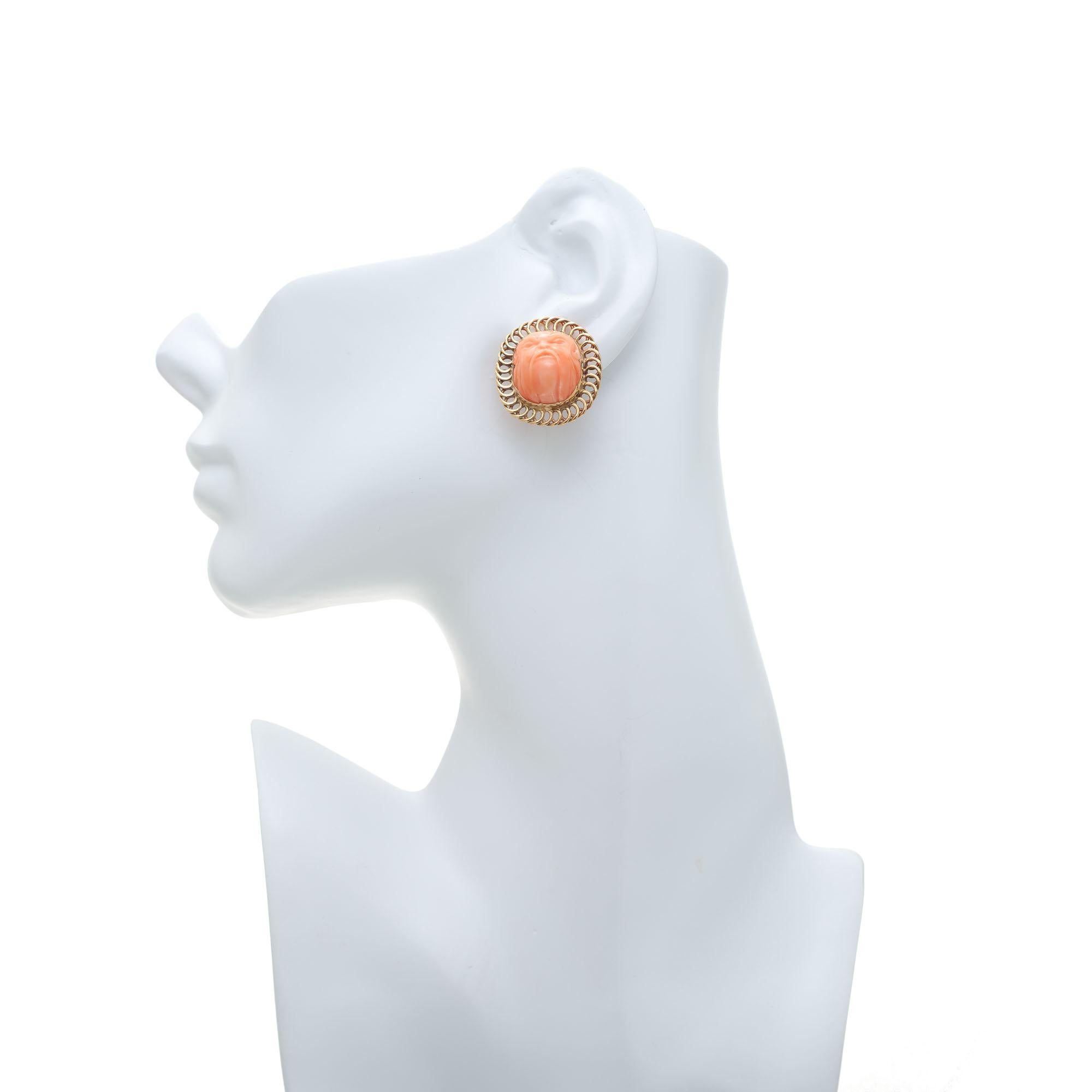 Carved Angel Skin Coral Gold Lever Back Clip Vintage Post Earrings For Sale 1