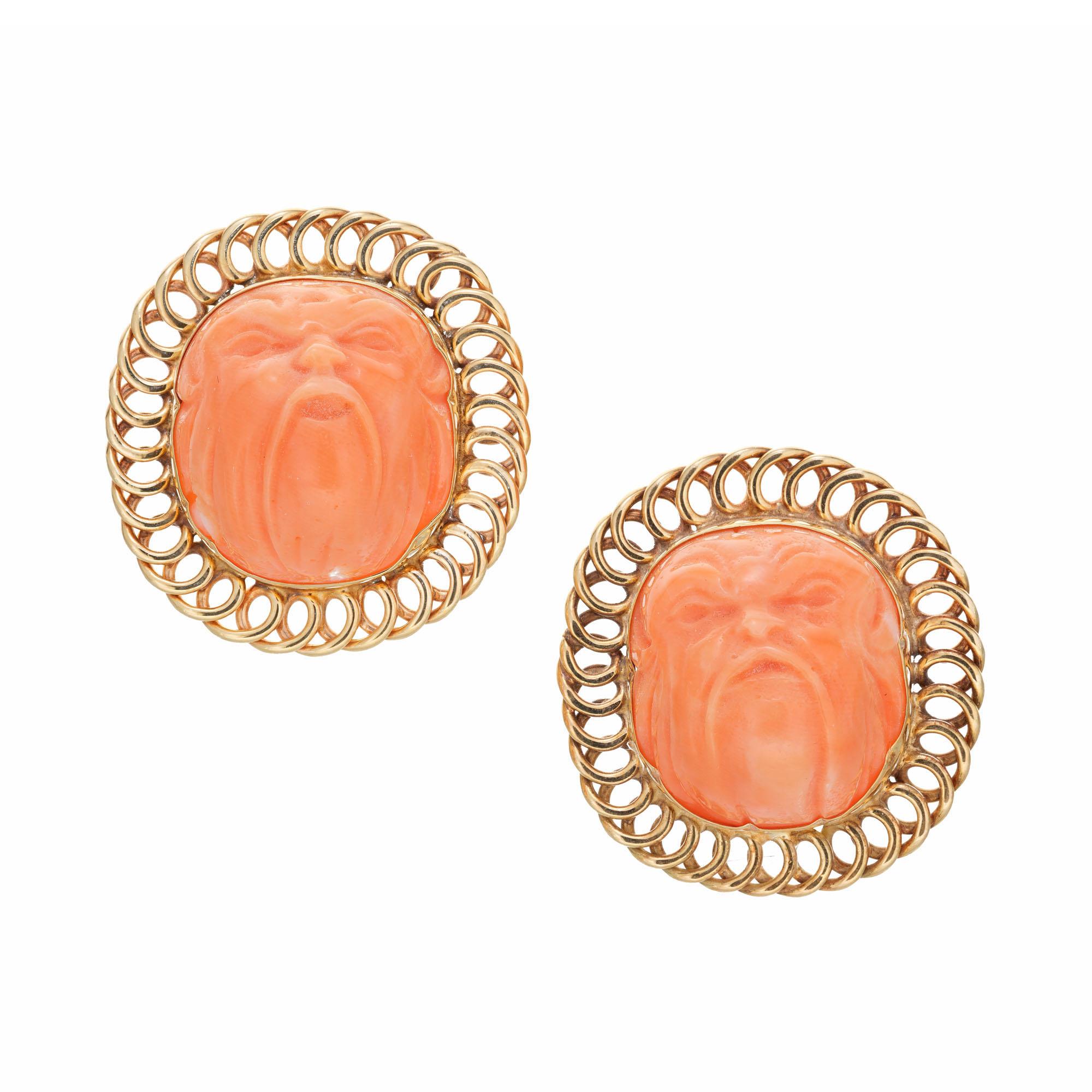 Carved Angel Skin Coral Gold Lever Back Clip Vintage Post Earrings For Sale