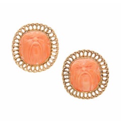 Carved Angel Skin Coral Gold Lever Back Clip Antique Post Earrings