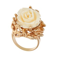 "Carved" Angel Skin Coral Rose 14k Ring with Branches and Leaves