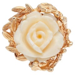 "Carved" Angel Skin Coral Rose 14k Ring with Branches and Leaves