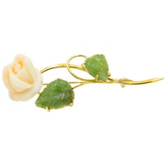 Carved Angel Skin Coral Rose Flower Jade Leaf Yellow Gold Brooch