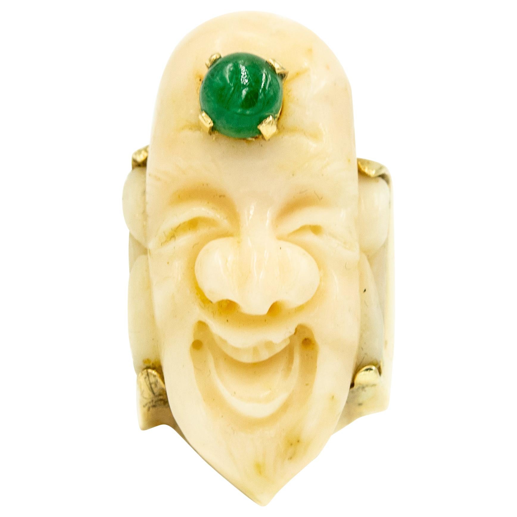Carved Angel Skin Coral Smiling Buddha Face Gold Ring with Emerald Third Eye For Sale