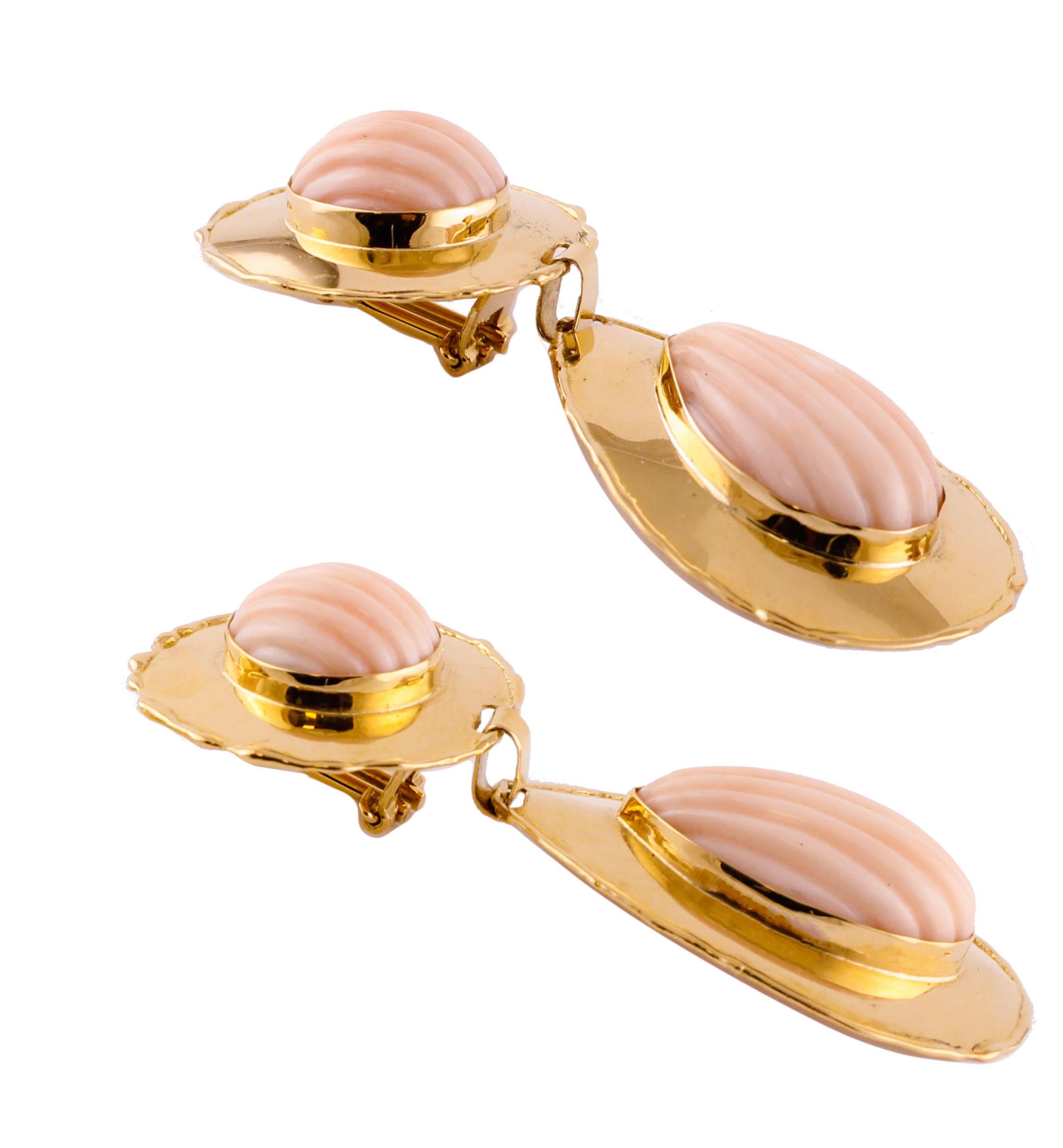 Mixed Cut Engraved Pink Coral Spheres and Drops, 18K Yellow Gold Dangle Clip-on Earrings
